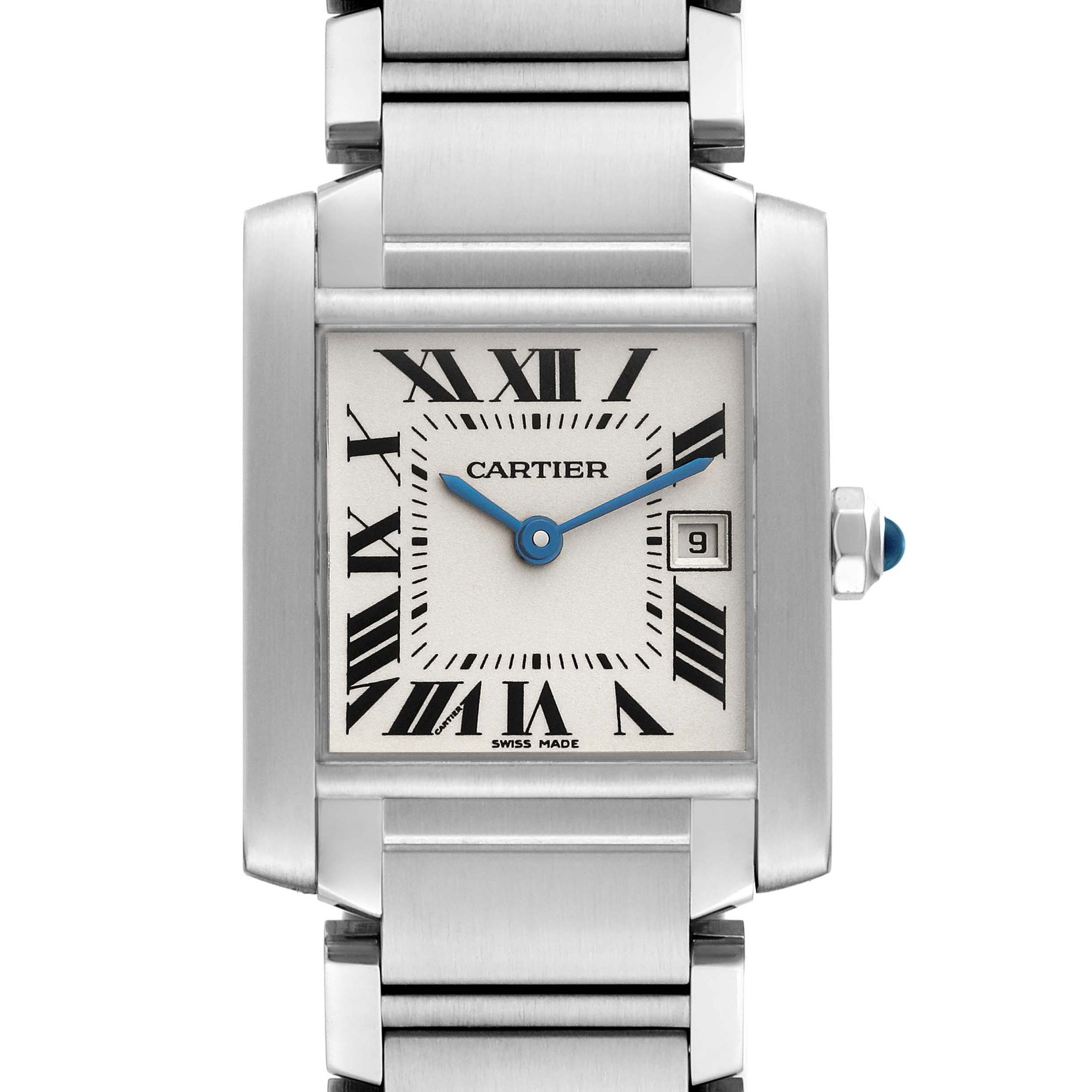 The image shows a front view of the Cartier Tank Francaise W51011Q3 Women
s Stainless Steel Silver Dial W51011Q3 Women
s Stainless Steel Silver Dial watch, highlighting its face, bracelet, and crown.