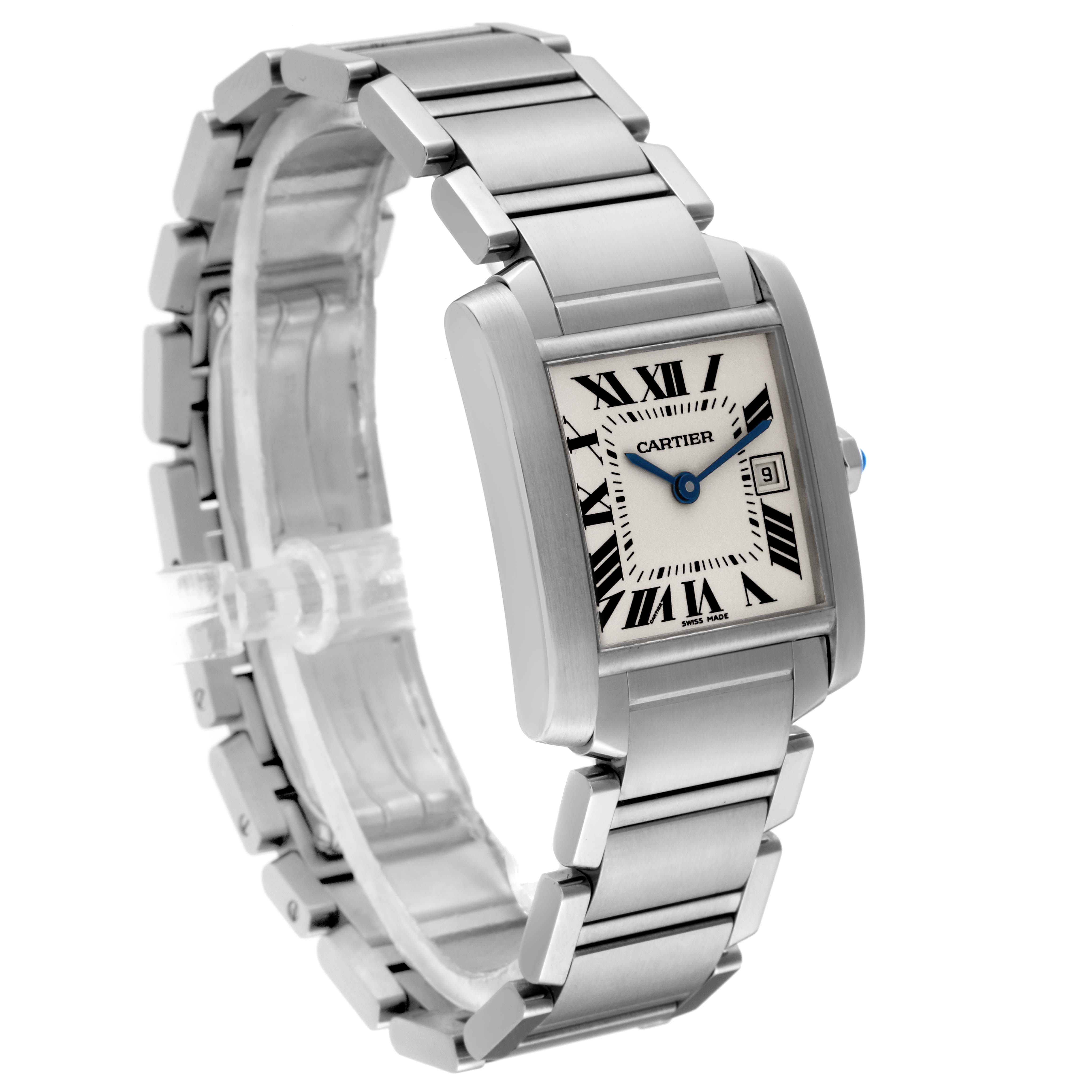 The Tank Francaise watch by Cartier is shown at an angled view displaying the face, bracelet, and side profile.