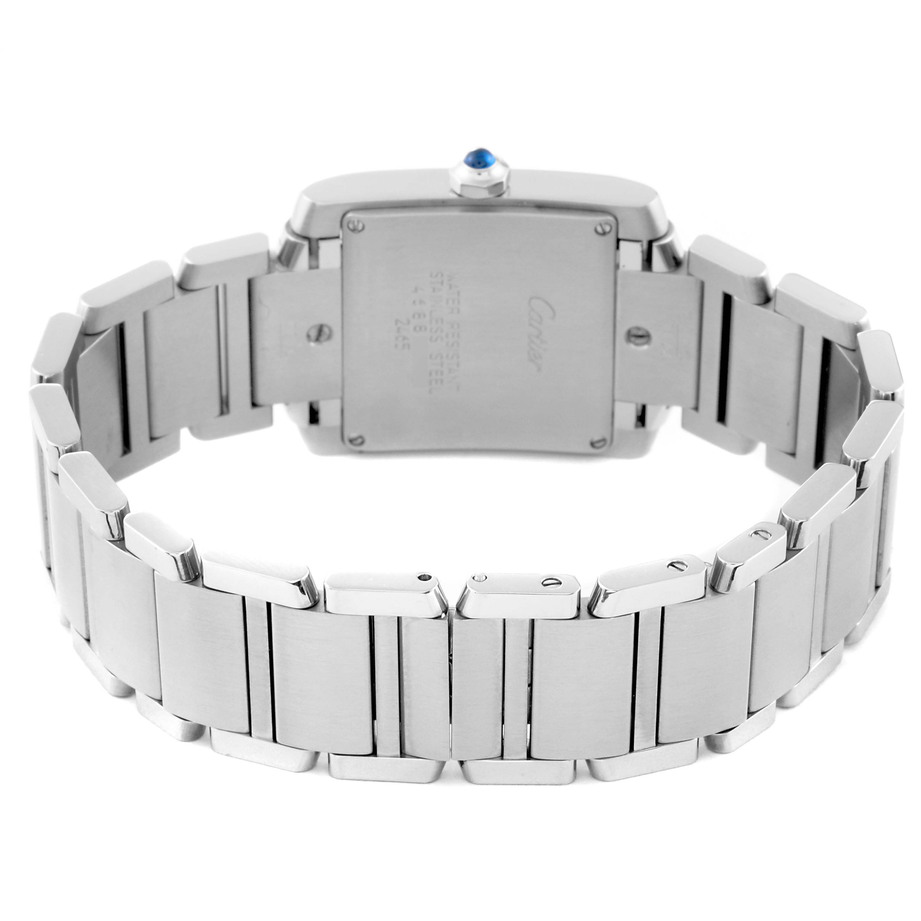 The image shows the back view of a Cartier Tank Française watch with its stainless steel bracelet.