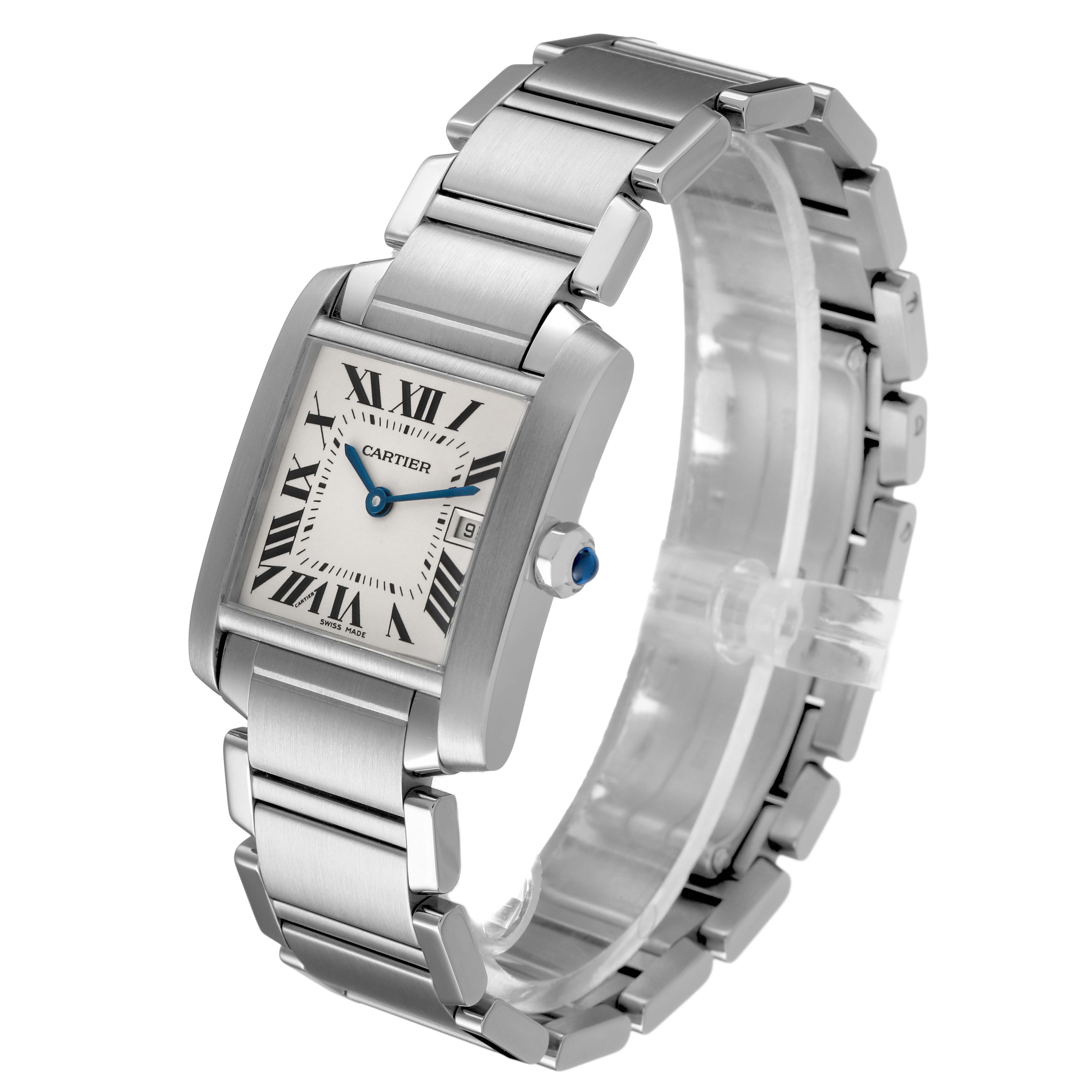The Cartier Tank Francaise W51011Q3 Women's Stainless Steel Silver Dial watch is shown from a front-left angle, highlighting the bracelet and rectangular case.