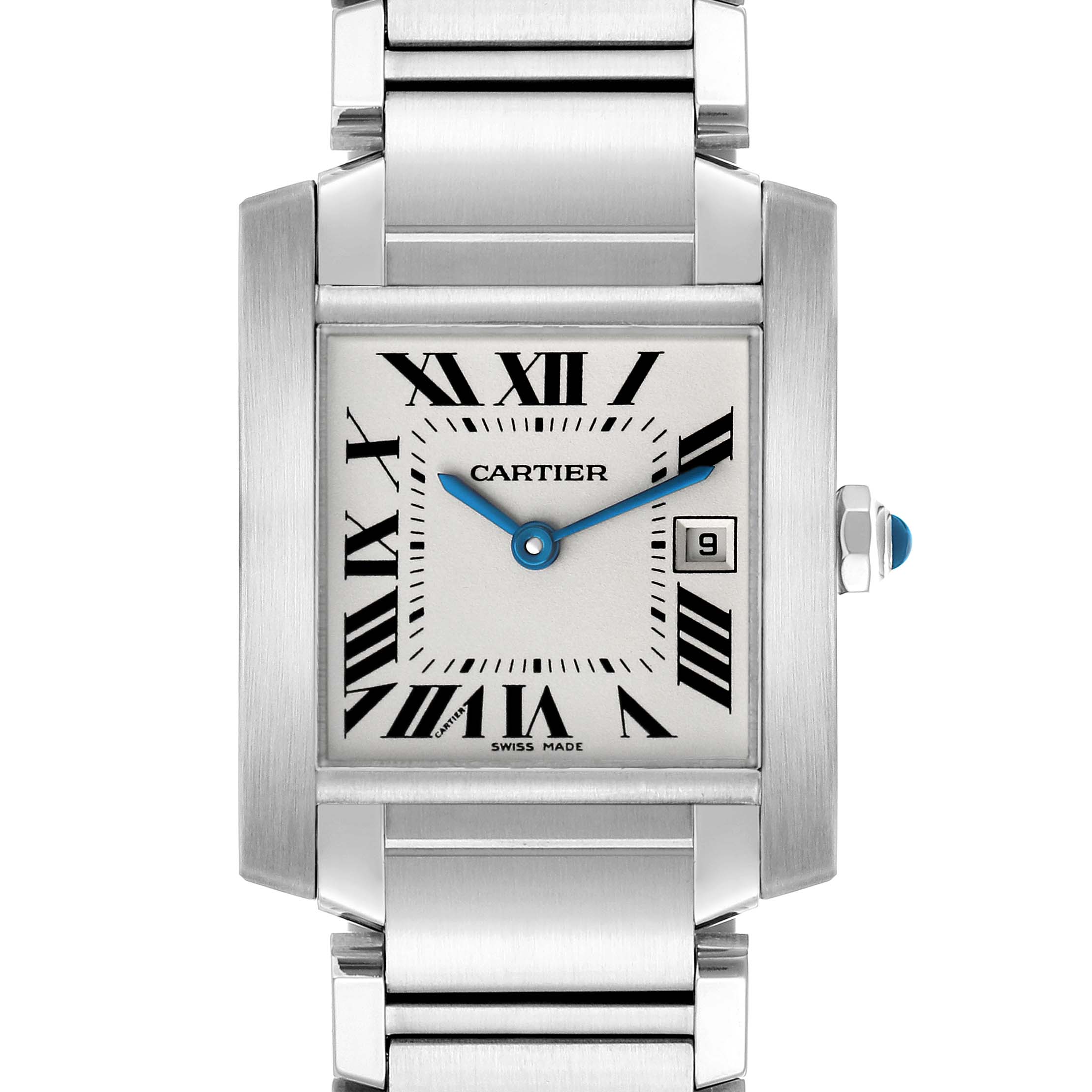 The Cartier Tank Française watch is shown from the front, displaying the face, Roman numerals, hands, and a segment of the bracelet.