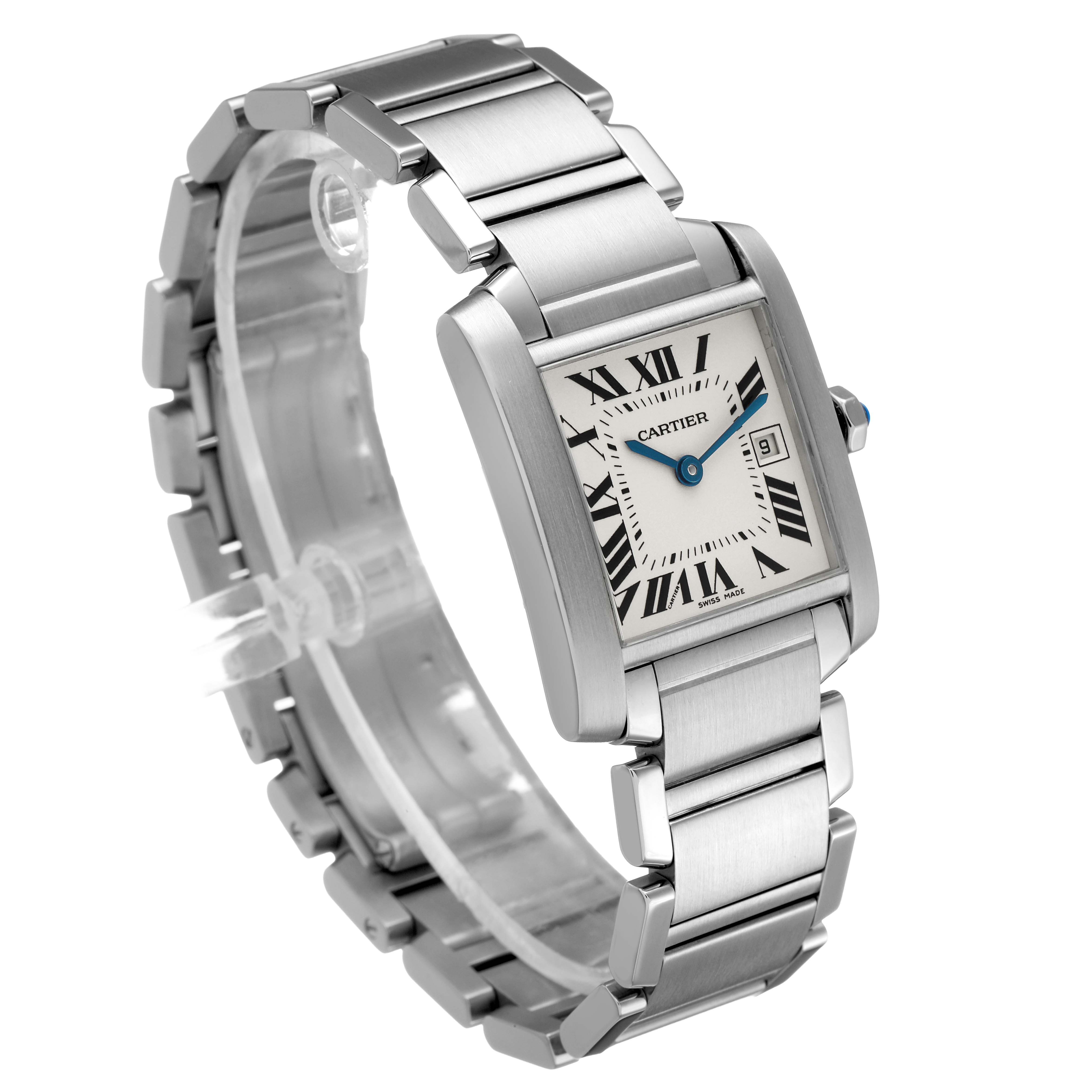 The Cartier Tank Francaise W51011Q3 Women's Stainless Steel Silver Dial watch is shown from a right-side angle, highlighting the case, bracelet, and dial with Roman numerals.