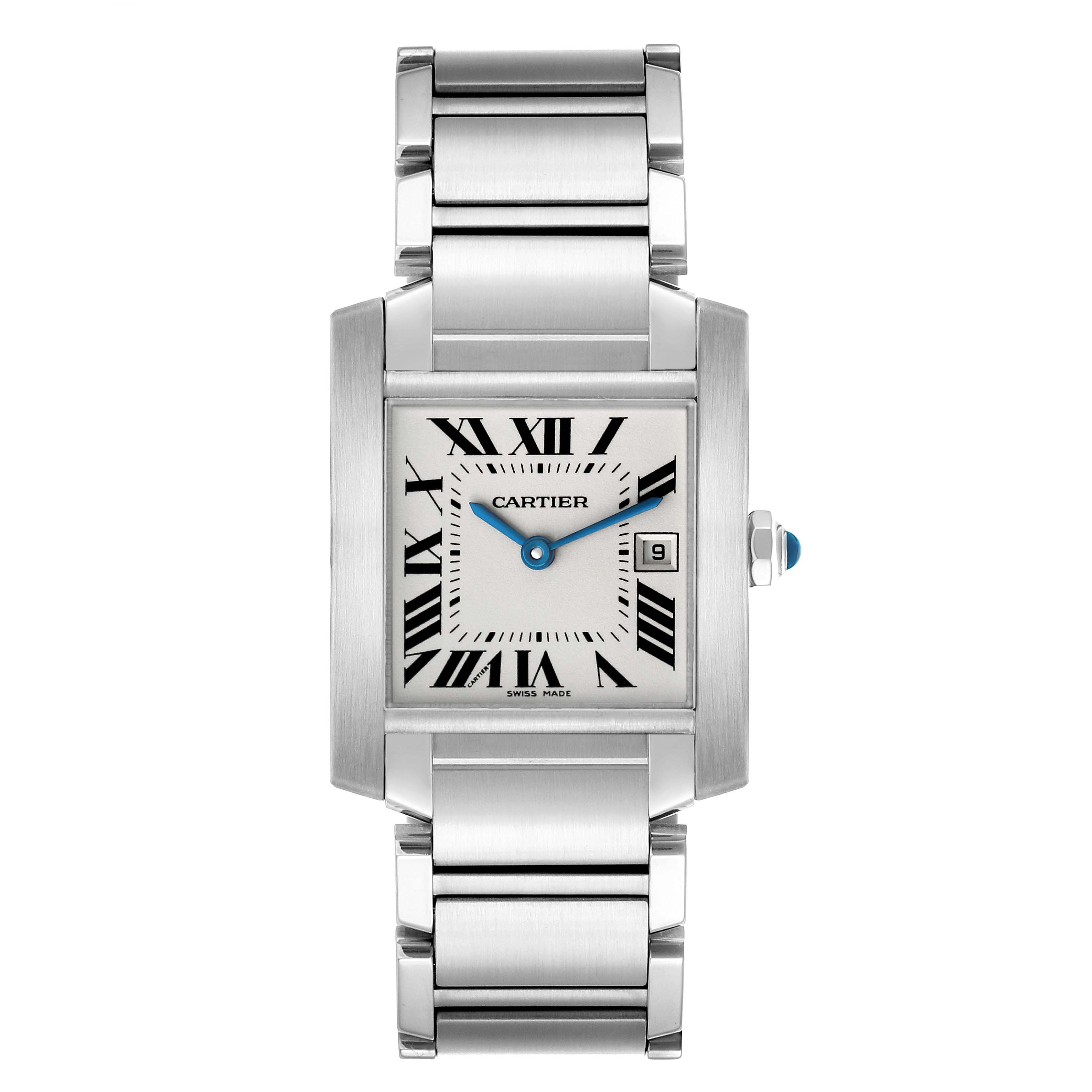 The Cartier Tank Française watch is shown from a top-down angle, highlighting its dial, bracelet, and crown.