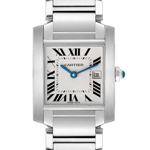 The Cartier Tank Francaise W51011Q3 Women's Stainless Steel Silver Dial watch is shown from a front angle, displaying its square face, Roman numerals, and metal bracelet.
