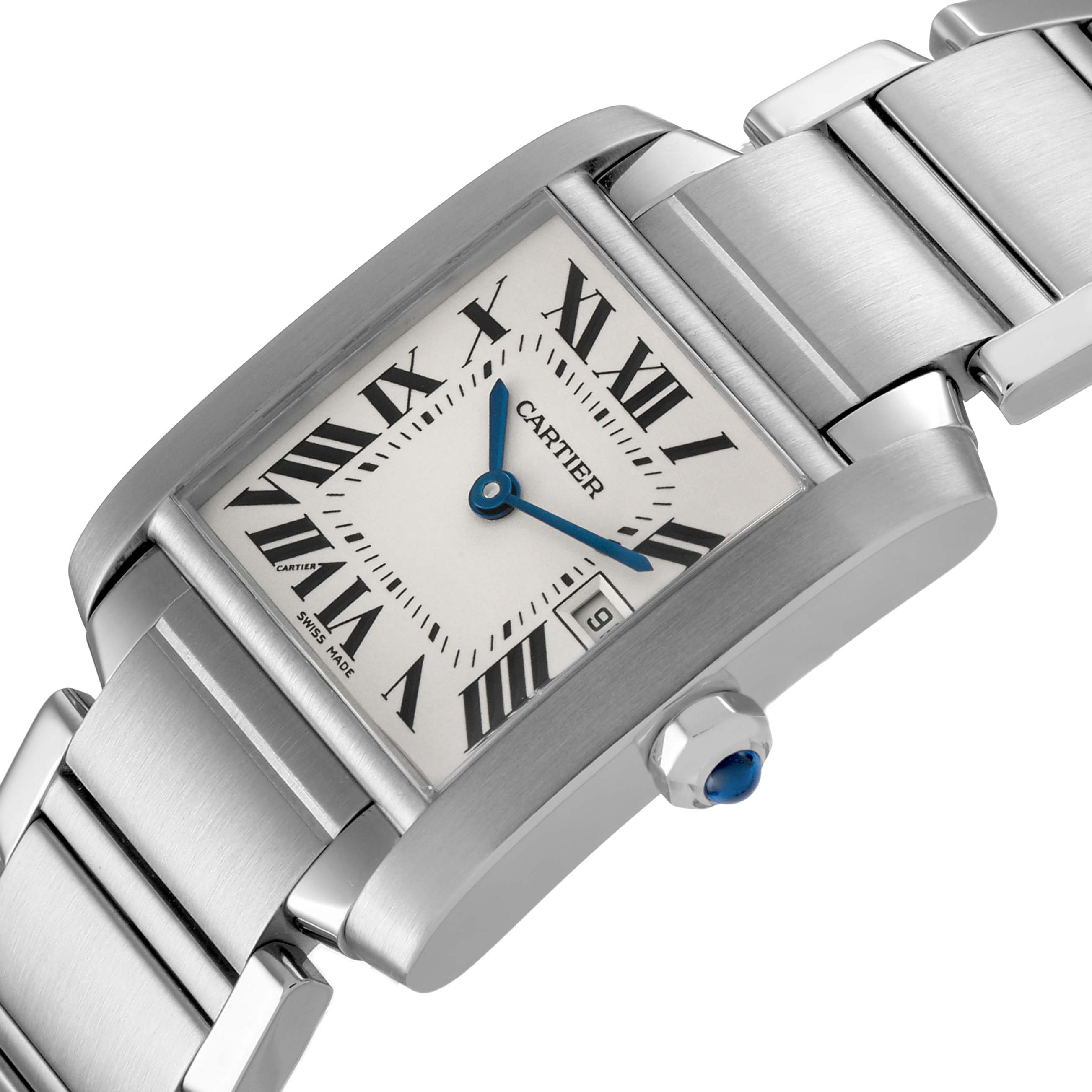 The Cartier Tank Française watch is shown at an angle highlighting the face, bracelet, and crown detail.
