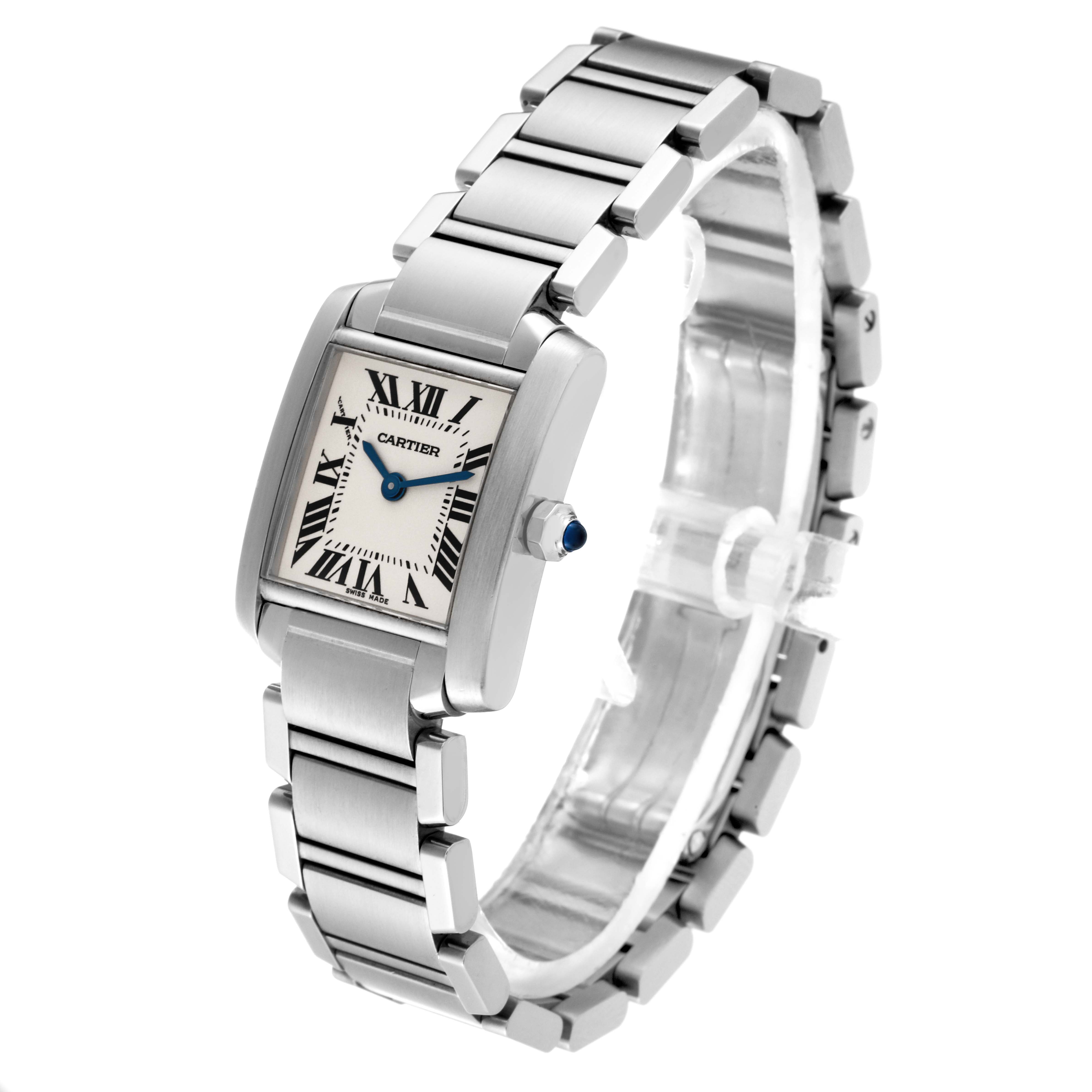 The Cartier Tank Francaise W51008Q3 Women's Stainless Steel Silver Dial W51008Q3 Women's Stainless Steel Silver Dial watch is shown from an angled perspective, highlighting its face, bracelet, and side view.