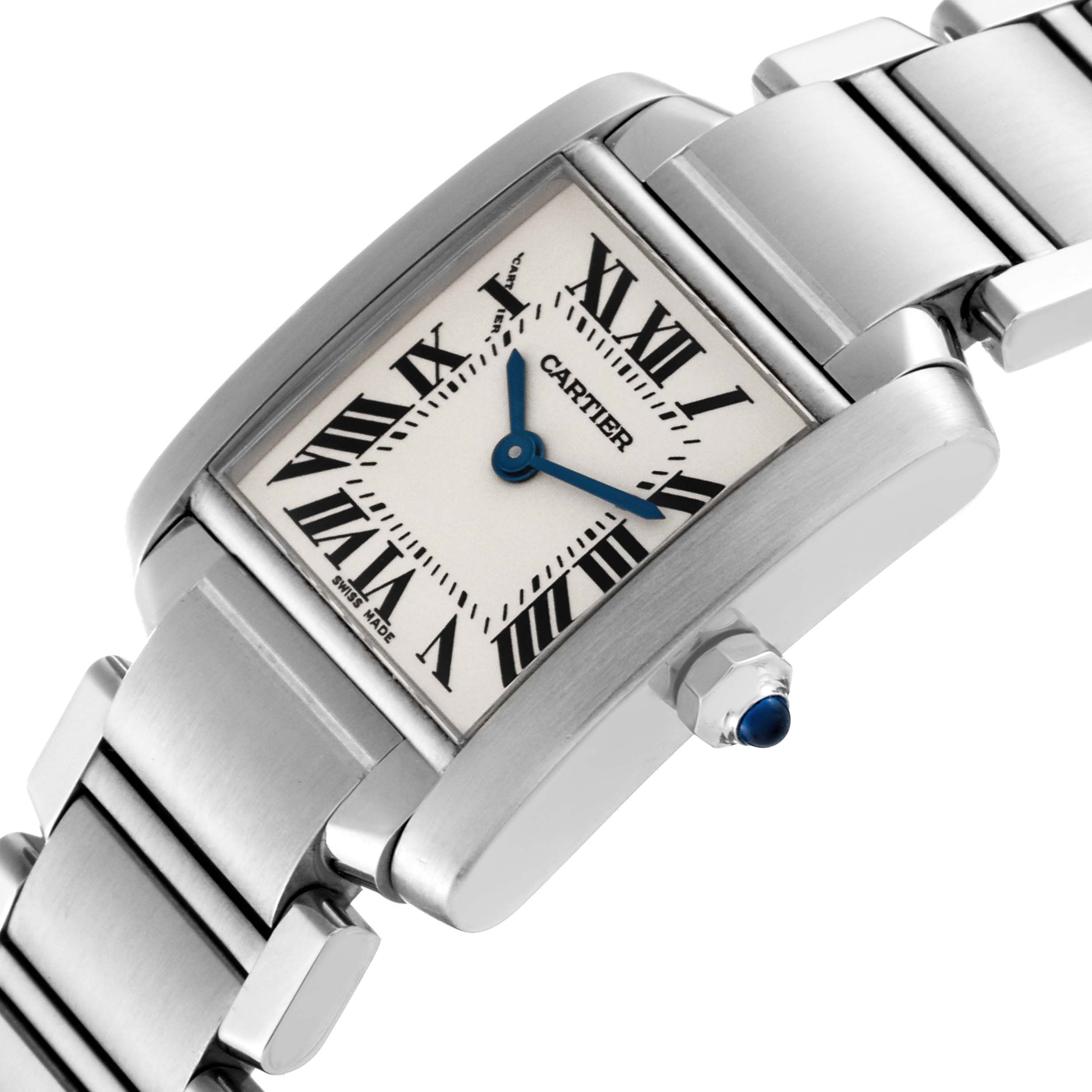 The image shows a close-up, angled view of the Cartier Tank Francaise W51008Q3 Women's Stainless Steel Silver Dial W51008Q3 Women's Stainless Steel Silver Dial watch, highlighting the face, Roman numeral markers, and part of the metal bracelet.