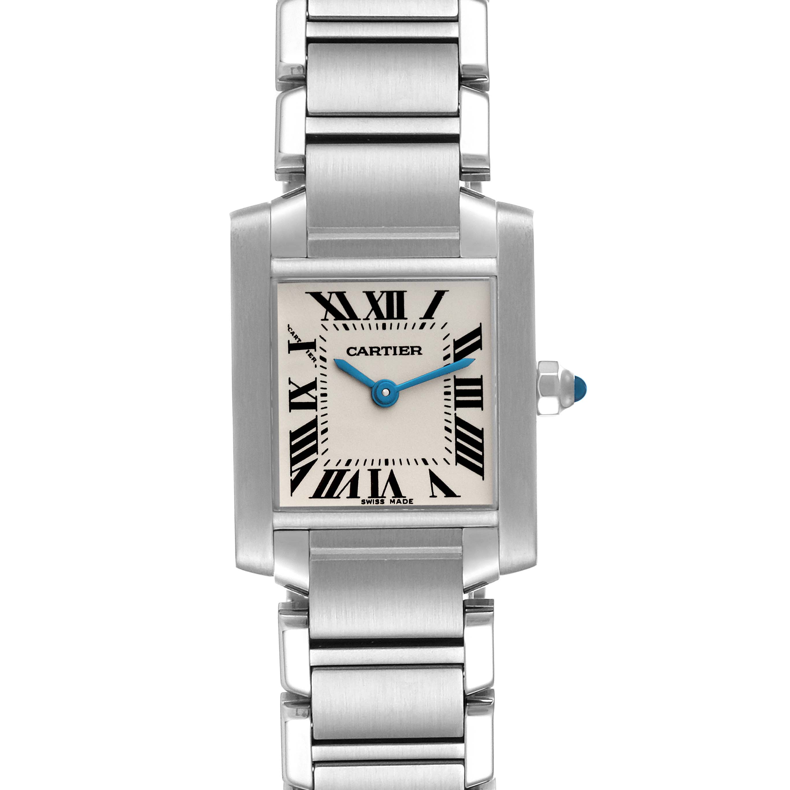 The image shows a Cartier Tank Francaise W51008Q3 Women's Stainless Steel Silver Dial W51008Q3 Women's Stainless Steel Silver Dial watch from a front angle, highlighting its square dial, Roman numerals, and metallic bracelet.