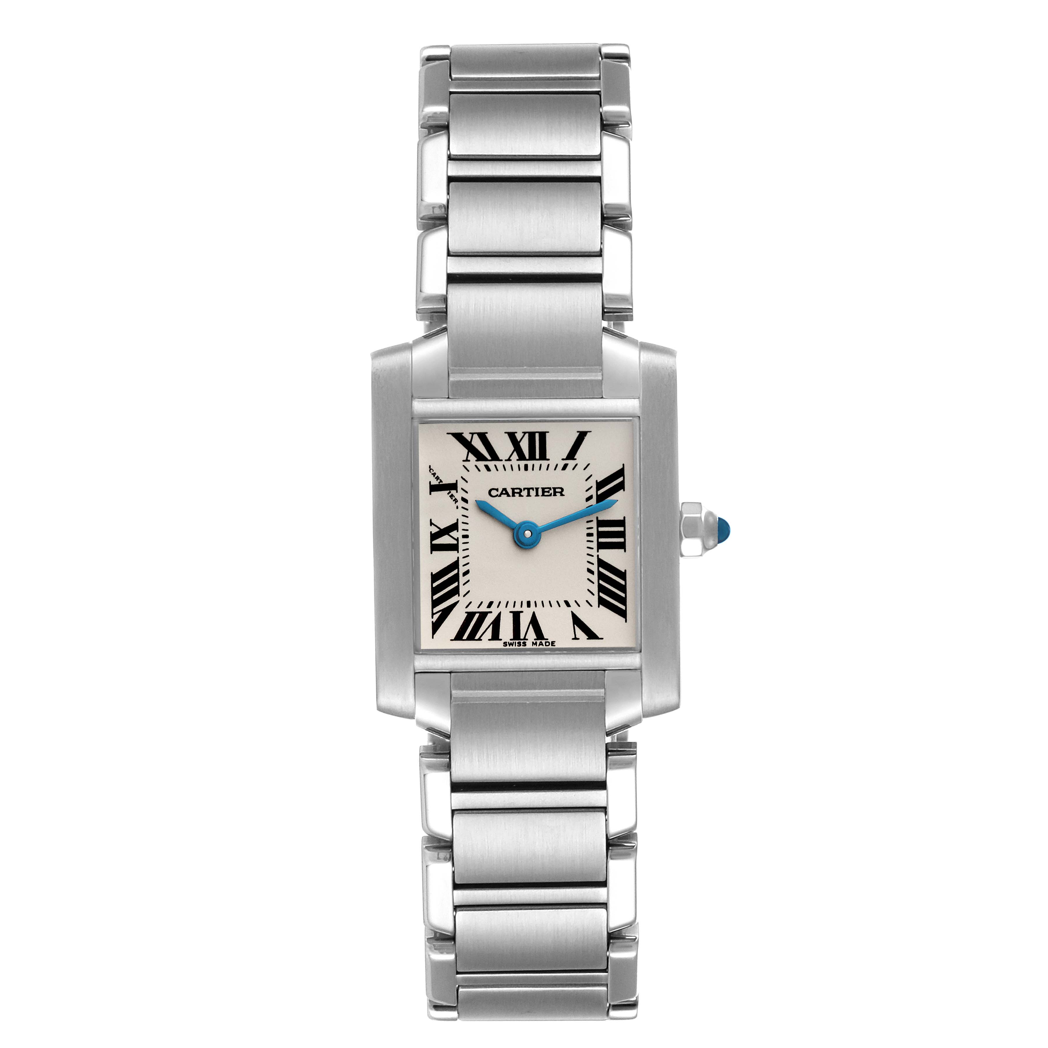 The image shows a front view of the Cartier Tank Francaise W51008Q3 Women's Stainless Steel Silver Dial W51008Q3 Women's Stainless Steel Silver Dial watch, featuring its dial, case, and metal bracelet.