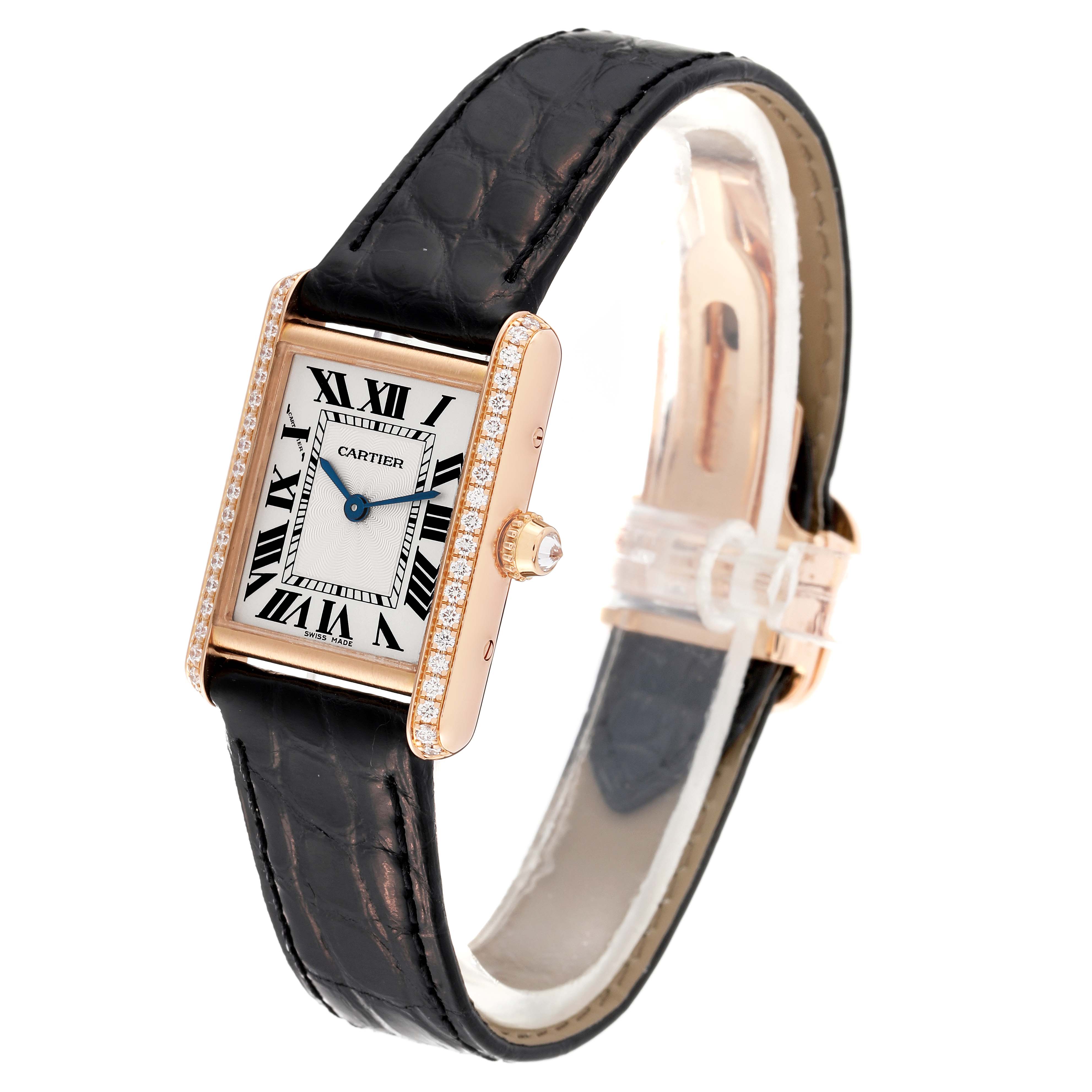 The image shows a Cartier Tank Louis WJTA0010 Women's Rose Gold Silver Dial WJTA0010 Women's Rose Gold Silver Dial watch at a three-quarter angle, displaying the watch face and partially the black leather strap.