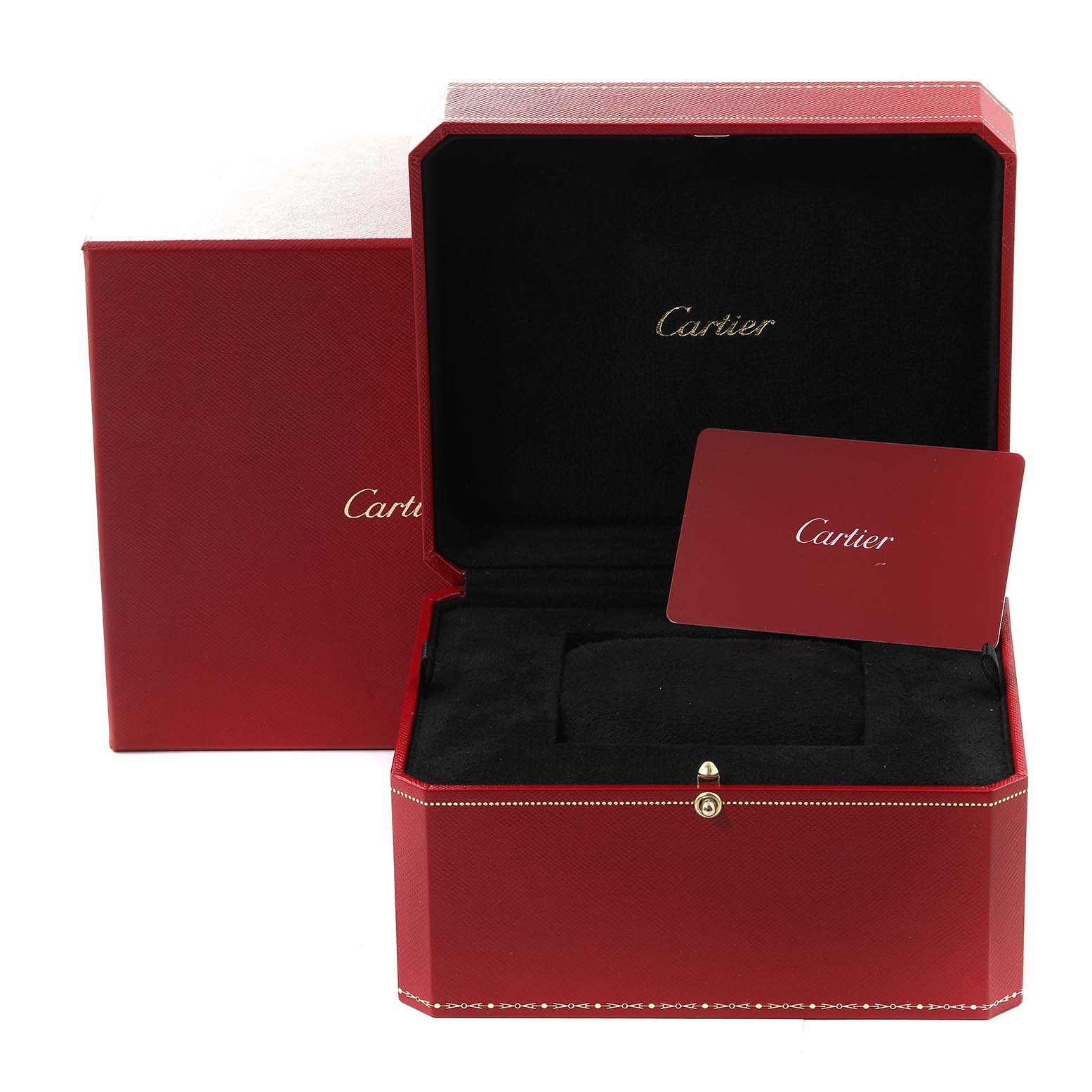 The image shows a red Cartier box for the Tank Louis model, displaying the open case and brand card in a frontal view.