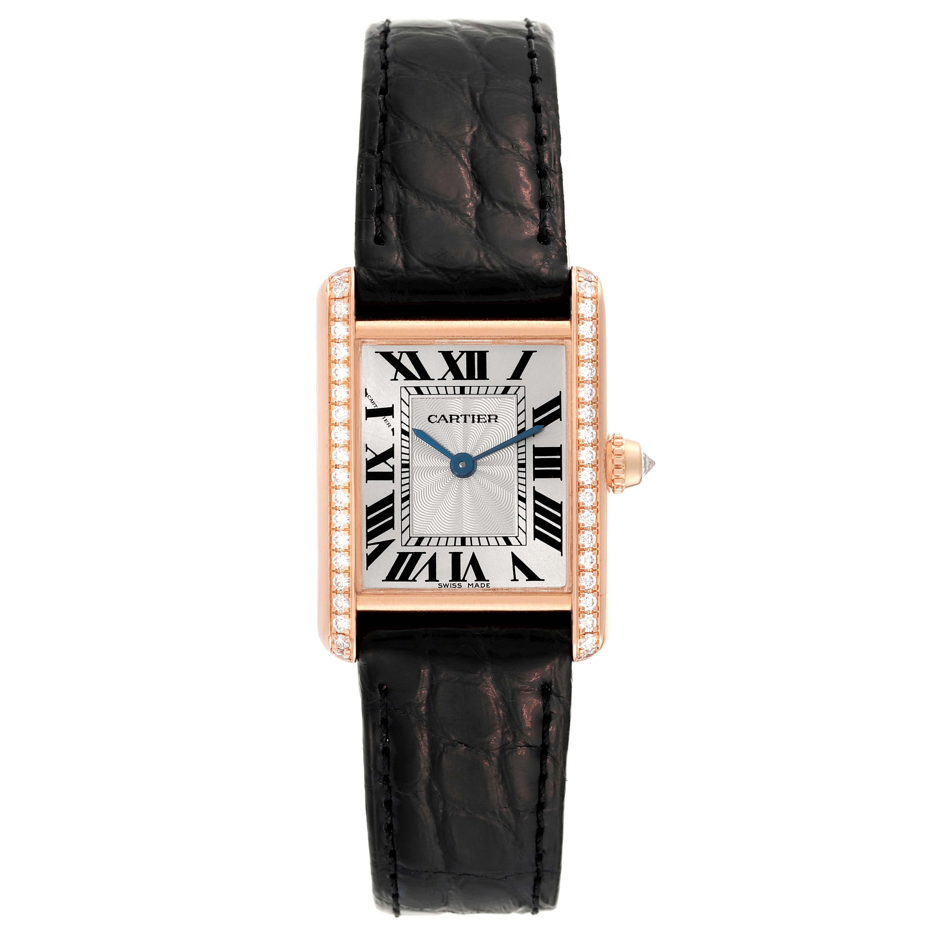 The image shows a Cartier Tank Louis WJTA0010 Women's Rose Gold Silver Dial WJTA0010 Women's Rose Gold Silver Dial watch from a front view, featuring a black leather strap, rectangular dial, and diamond-studded bezel.
