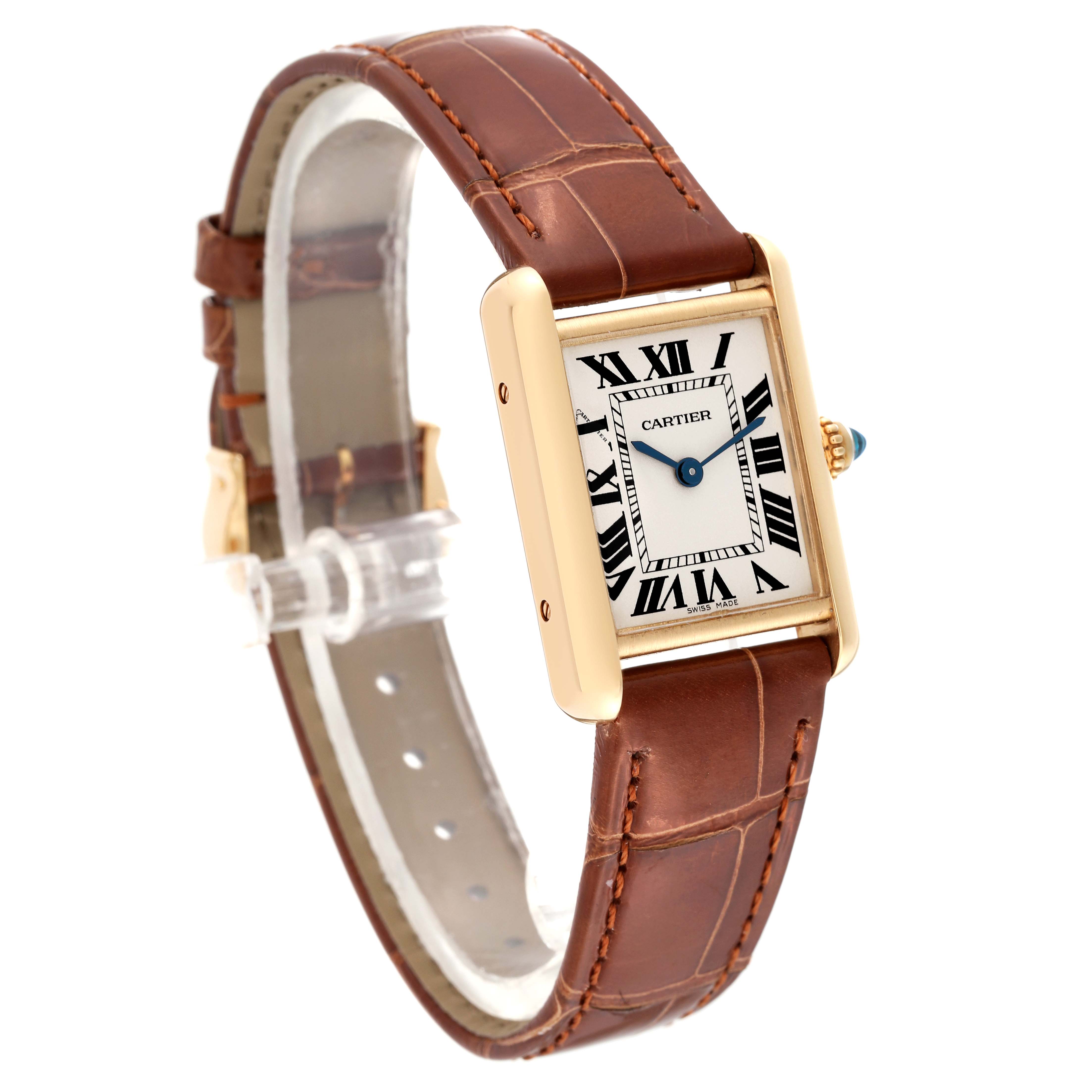 The image shows a Cartier Tank Louis W1529856 Women's Yellow Gold Silver Dial W1529856 Women's Yellow Gold Silver Dial watch at a three-quarter angle, highlighting its rectangular case, Roman numeral dial, and brown leather strap.