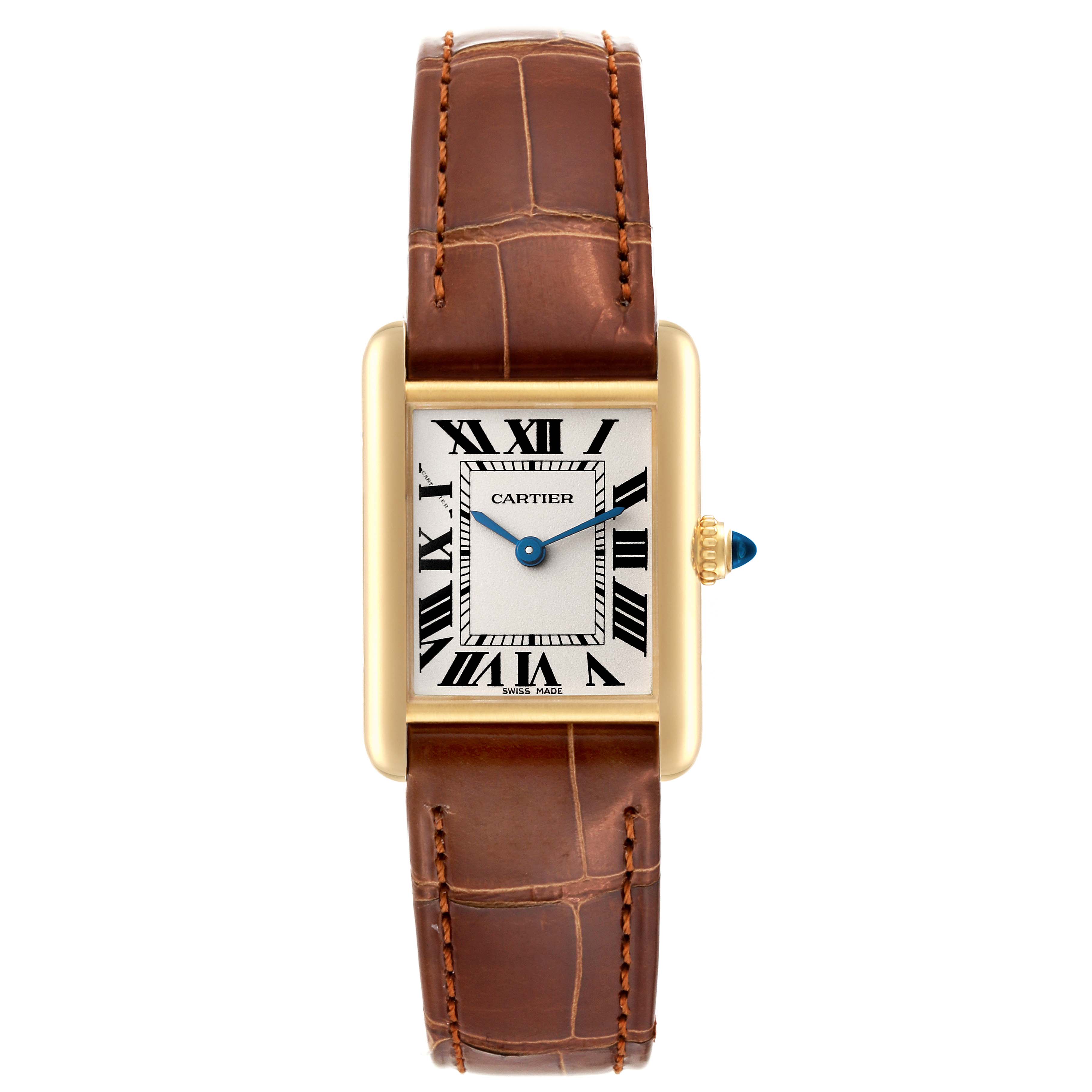 The image shows a front view of the Cartier Tank Louis W1529856 Women's Yellow Gold Silver Dial W1529856 Women's Yellow Gold Silver Dial watch, highlighting the dial, case, crown, and brown leather strap.