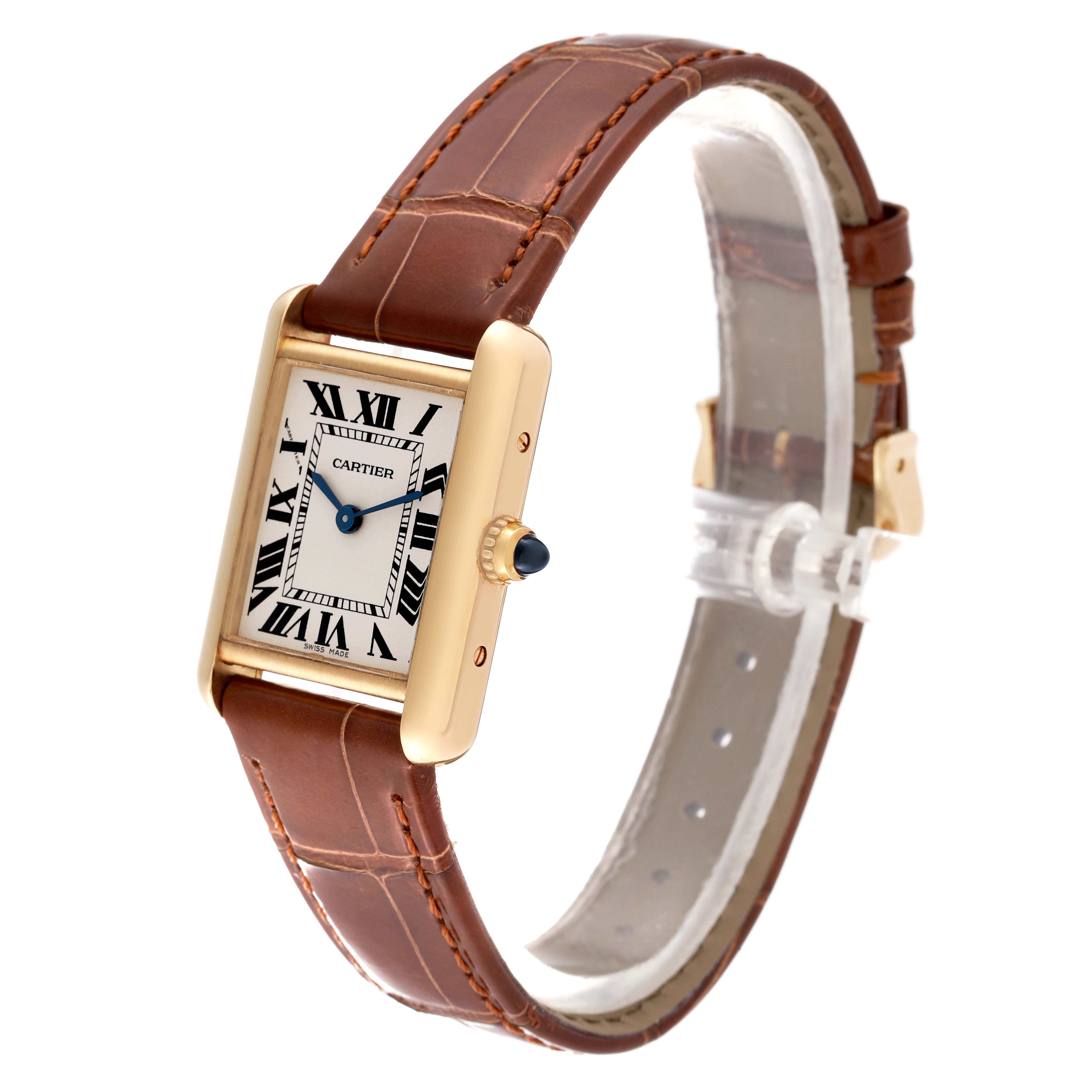 The Cartier Tank Louis W1529856 Women's Yellow Gold Silver Dial W1529856 Women's Yellow Gold Silver Dial watch is shown from a three-quarter angle, highlighting its rectangular face and brown leather strap.