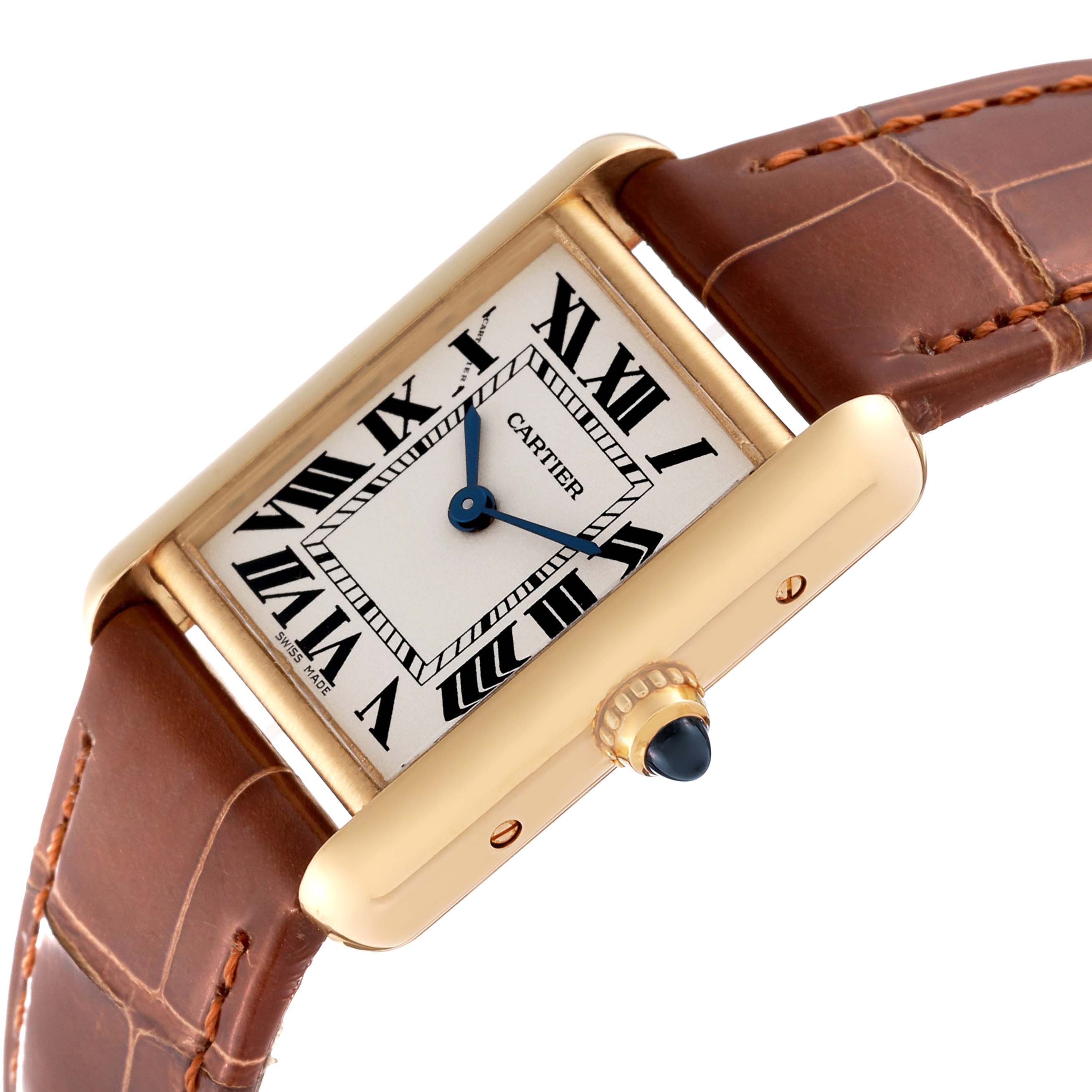 The image shows a Cartier Tank Louis W1529856 Women's Yellow Gold Silver Dial W1529856 Women's Yellow Gold Silver Dial watch at a slight angle, displaying the face, crown, and part of the leather strap.