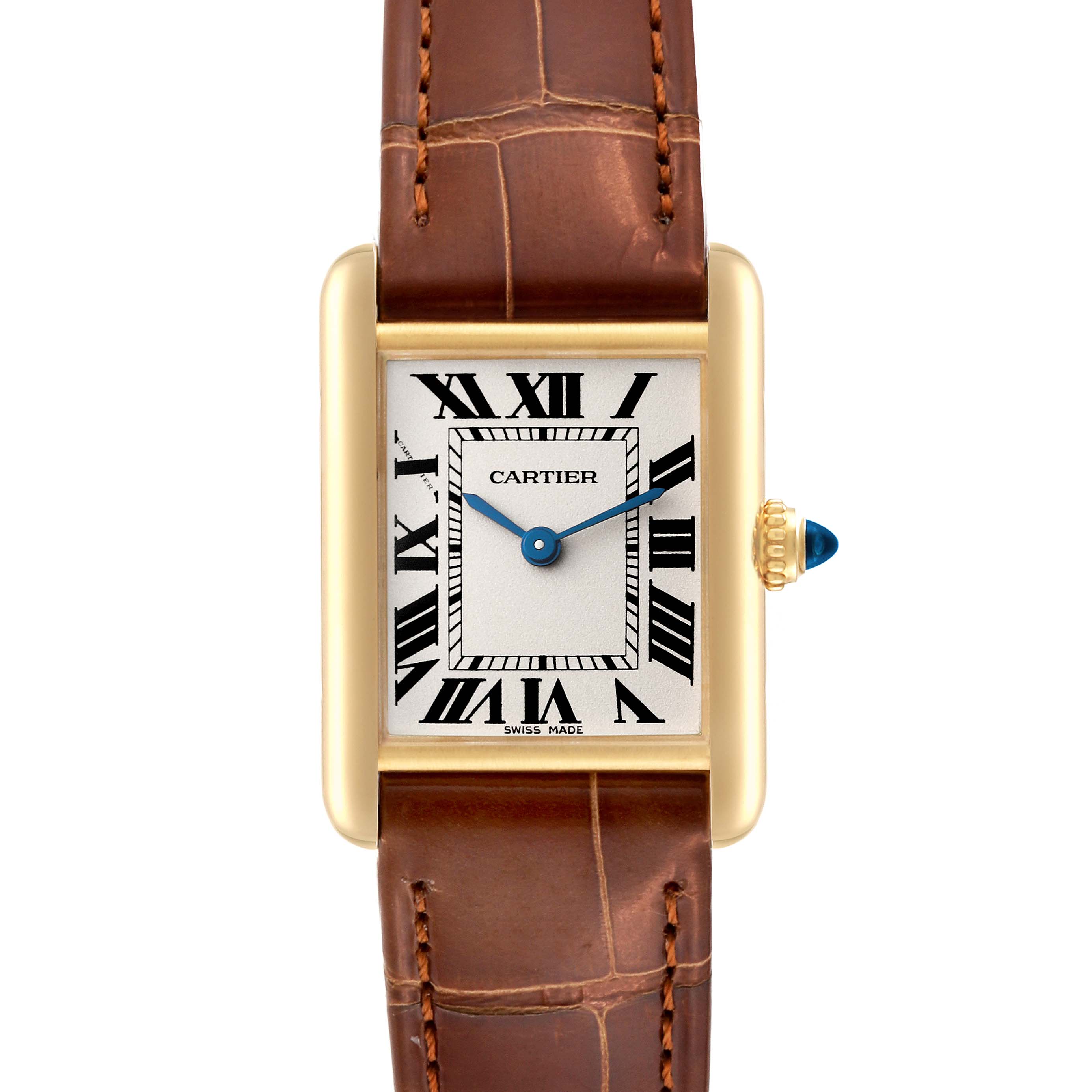 This is a front angle view of the Cartier Tank Louis W1529856 Women's Yellow Gold Silver Dial W1529856 Women's Yellow Gold Silver Dial watch, showing the face, Roman numerals, gold casing, and brown leather strap.