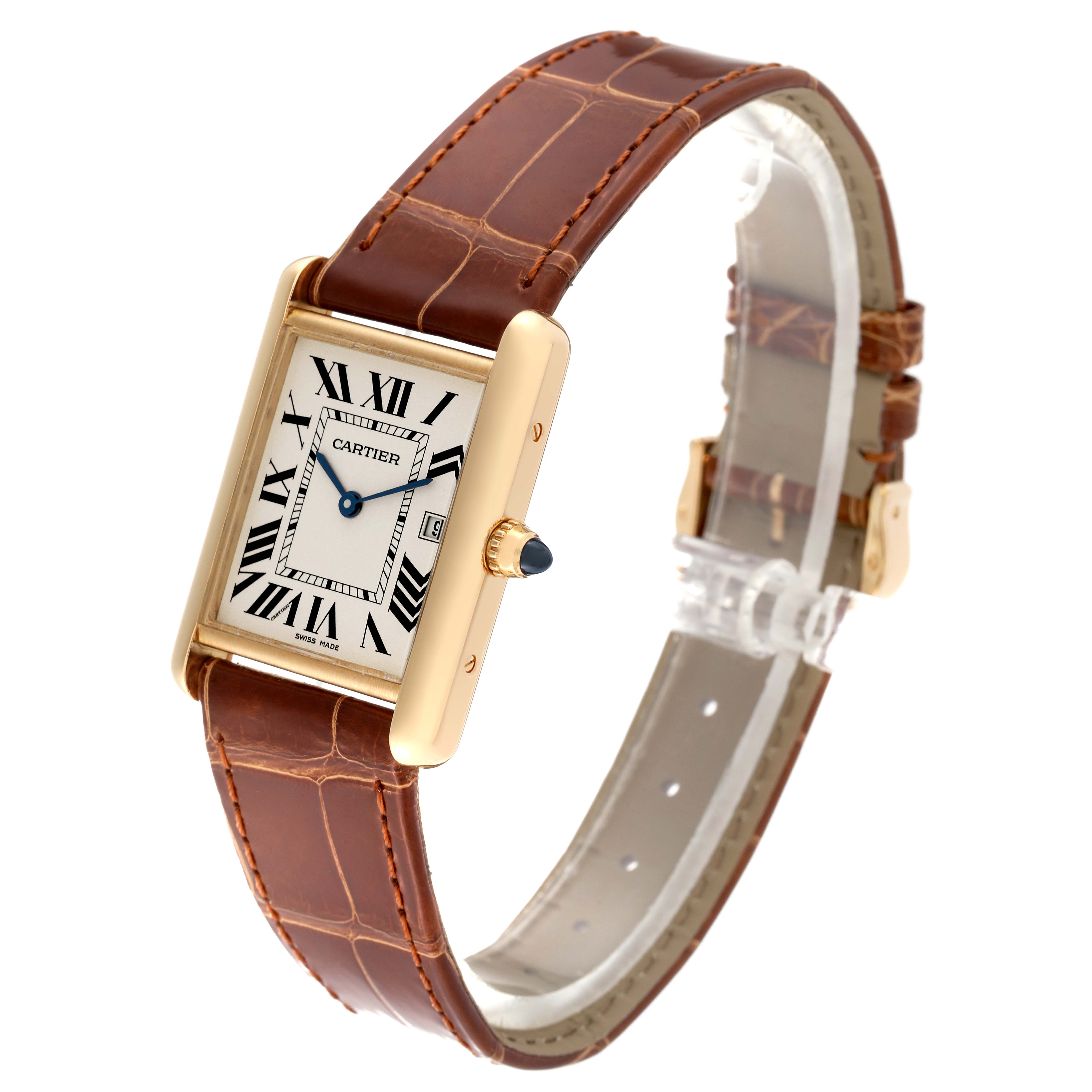 The Cartier Tank Louis W1529756 Men
s Yellow Gold Silver Dial W1529756 Men
s Yellow Gold Silver Dial watch is shown at a three-quarter angle, highlighting the face, brown leather strap, and gold casing.