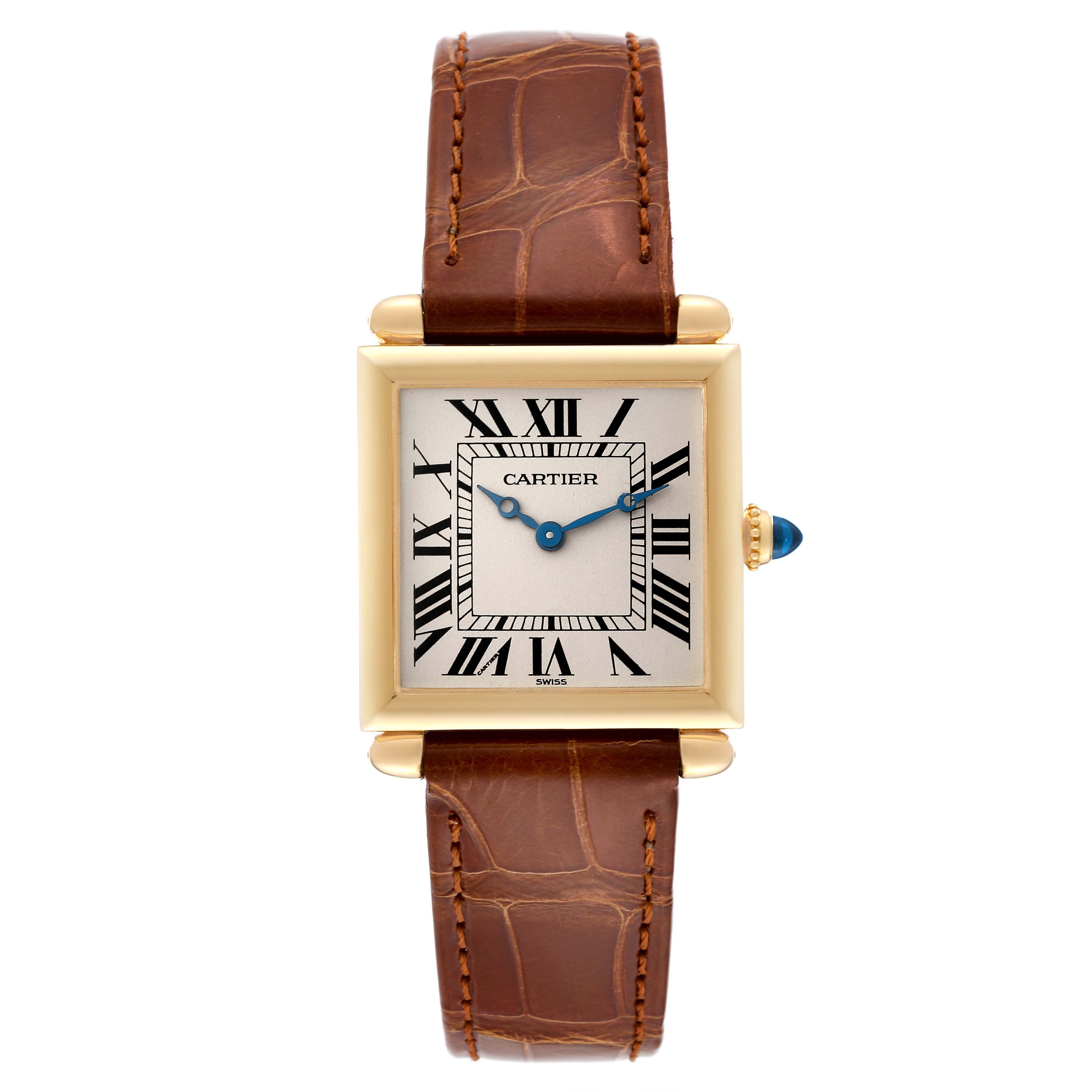 The Cartier Tank Obus W1512256 Women's Yellow Gold Silver Dial W1512256 Women's Yellow Gold Silver Dial watch is shown from a top-down angle, displaying the face, bezel, and leather strap.
