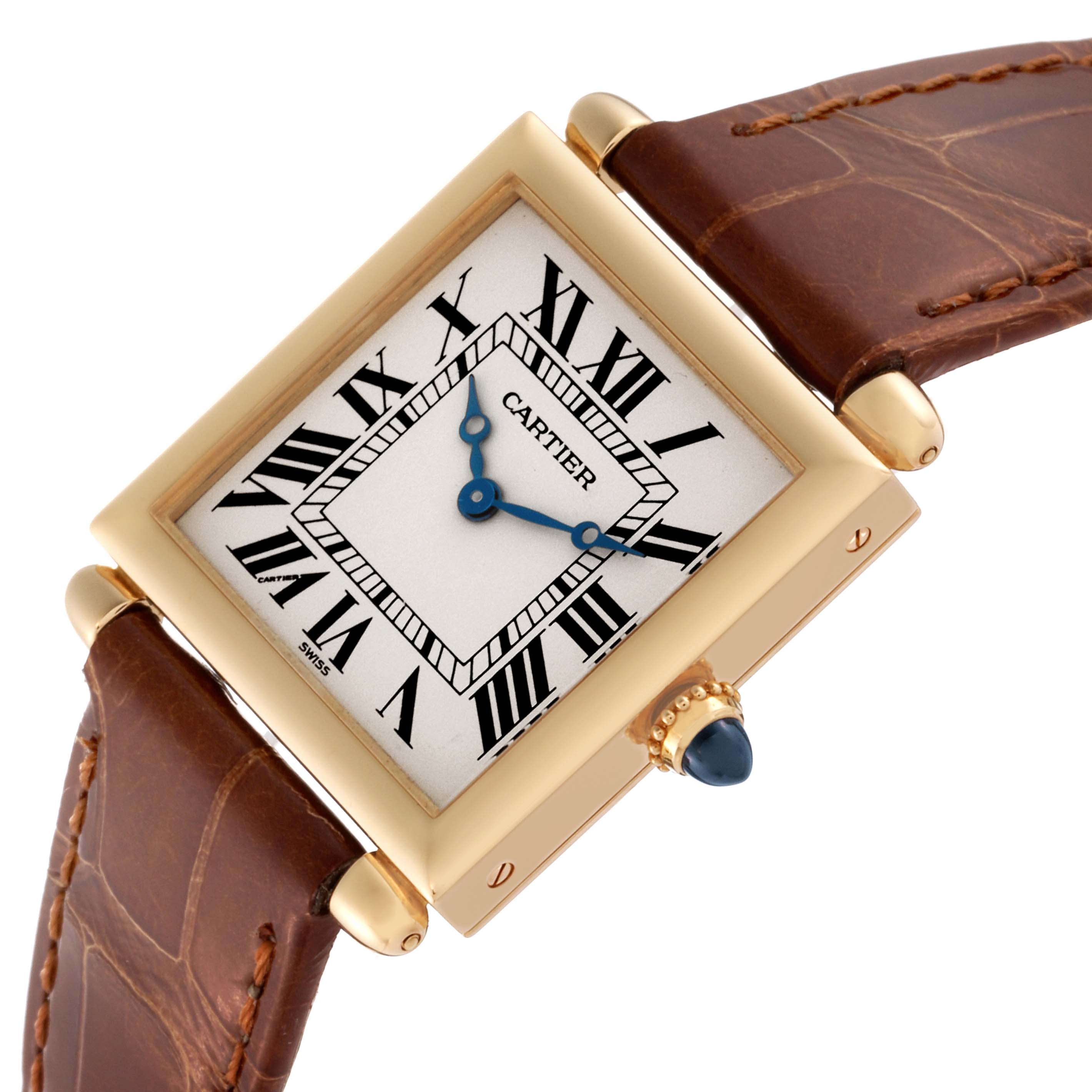 The image shows a Cartier Tank Obus W1512256 Women's Yellow Gold Silver Dial W1512256 Women's Yellow Gold Silver Dial watch at an angled view, highlighting its square face, Roman numerals, blue hands, and brown leather strap.