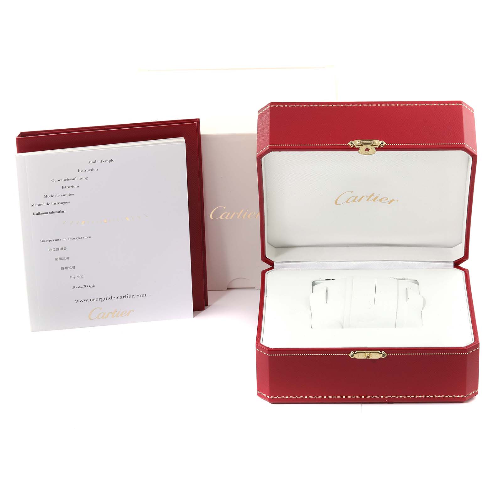 The image shows the packaging, instructions, and open box of a Cartier Tank Obus W1512256 Women's Yellow Gold Silver Dial W1512256 Women's Yellow Gold Silver Dial watch, without the watch itself.
