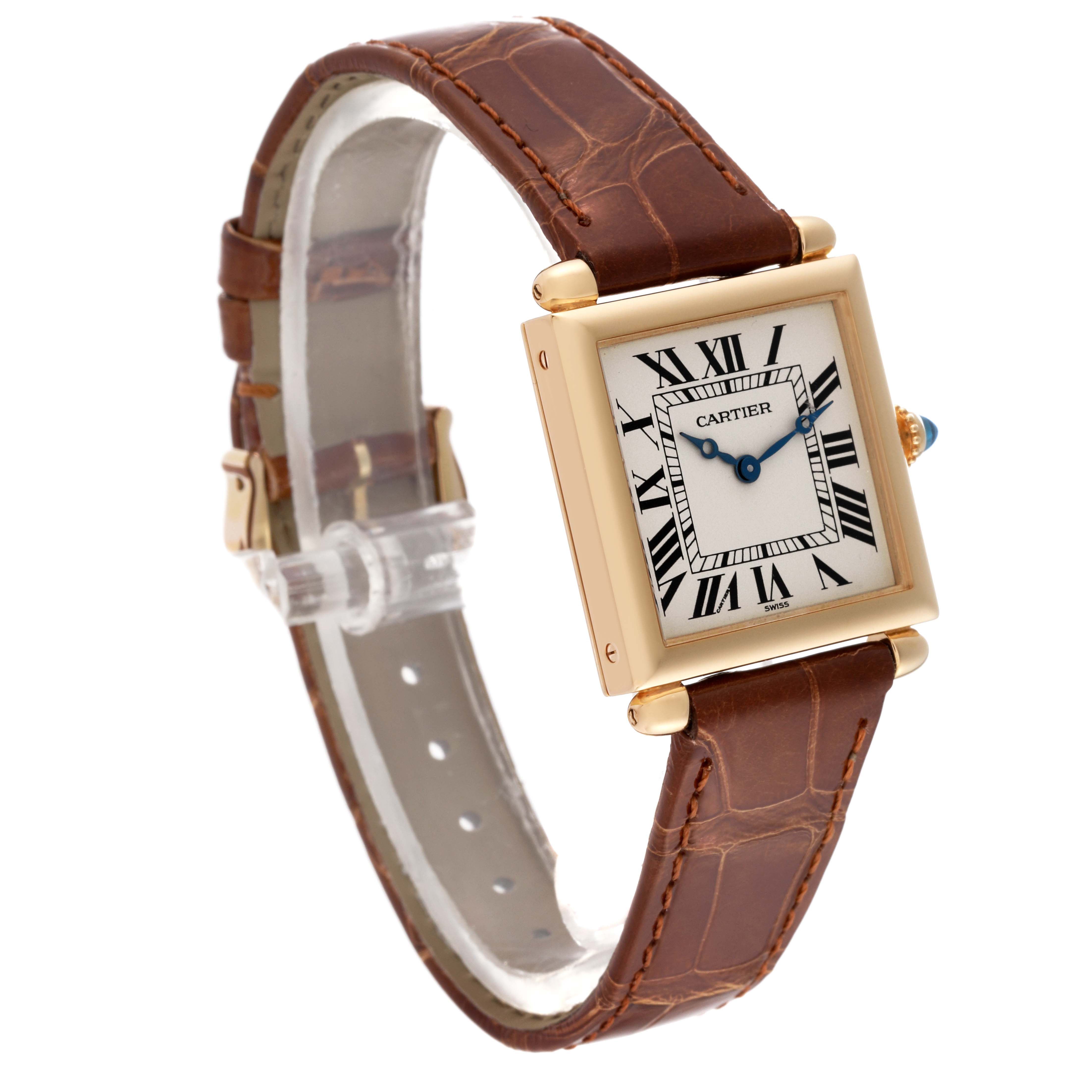 The image shows a Cartier Tank Obus W1512256 Women's Yellow Gold Silver Dial W1512256 Women's Yellow Gold Silver Dial watch at a three-quarter angle, highlighting the face, brown leather strap, and gold case.