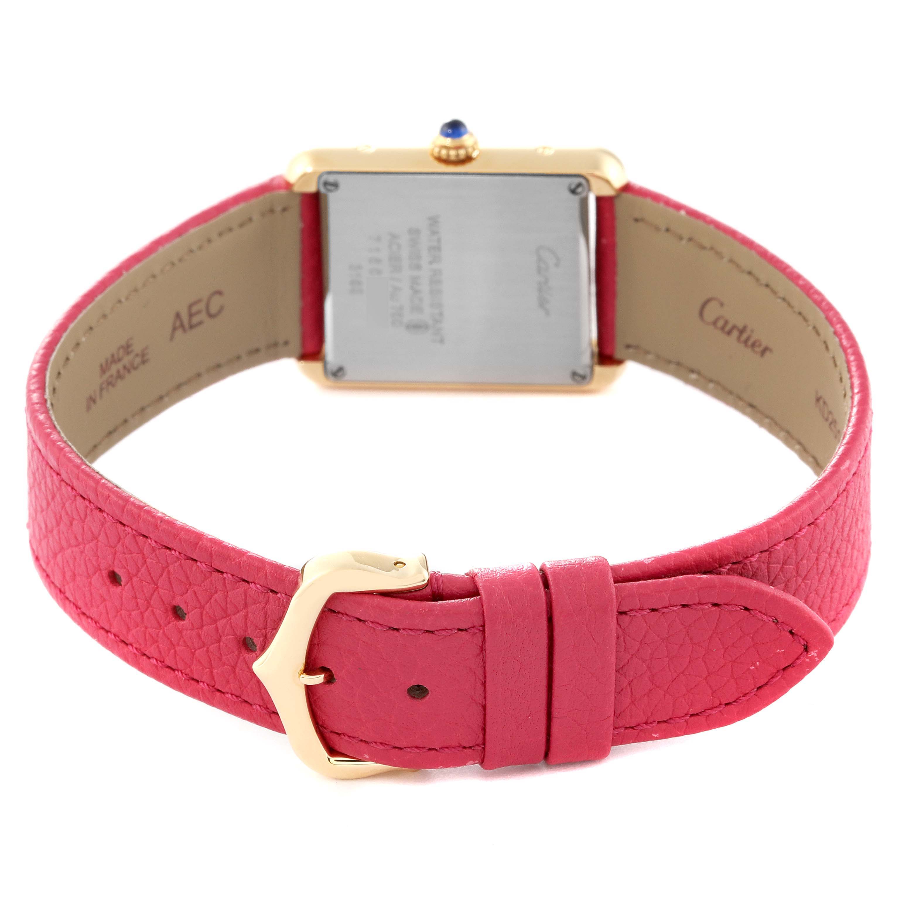 This image shows the back view of a Cartier Tank Solo W5200002 Women
s Steel and Gold (two tone) Silver Dial W5200002 Women
s Steel and Gold (two tone) Silver Dial watch, highlighting its case back, strap, and buckle.