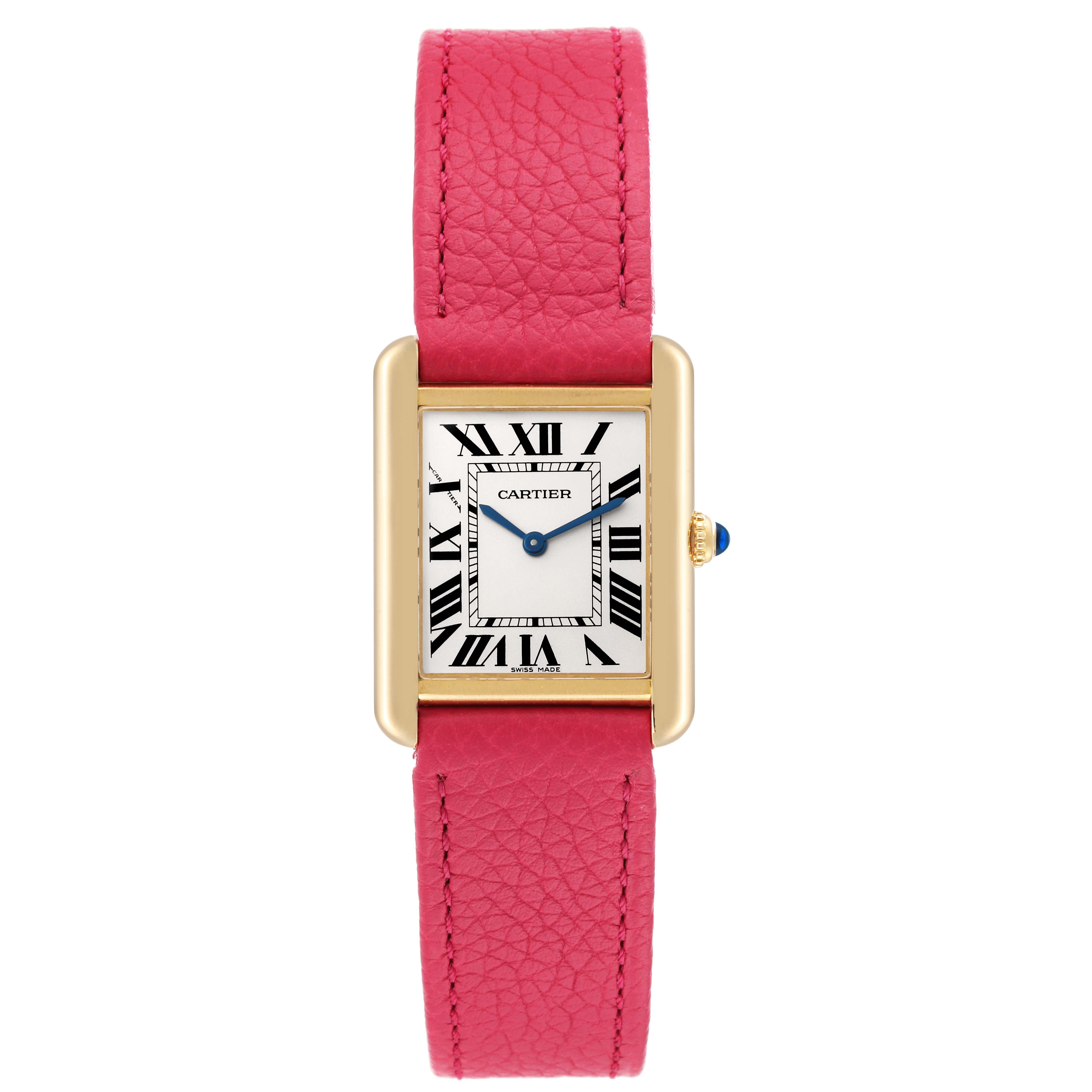 The image shows a Cartier Tank Solo W5200002 Women
s Steel and Gold (two tone) Silver Dial W5200002 Women
s Steel and Gold (two tone) Silver Dial watch with a pink leather strap, viewed from the front.