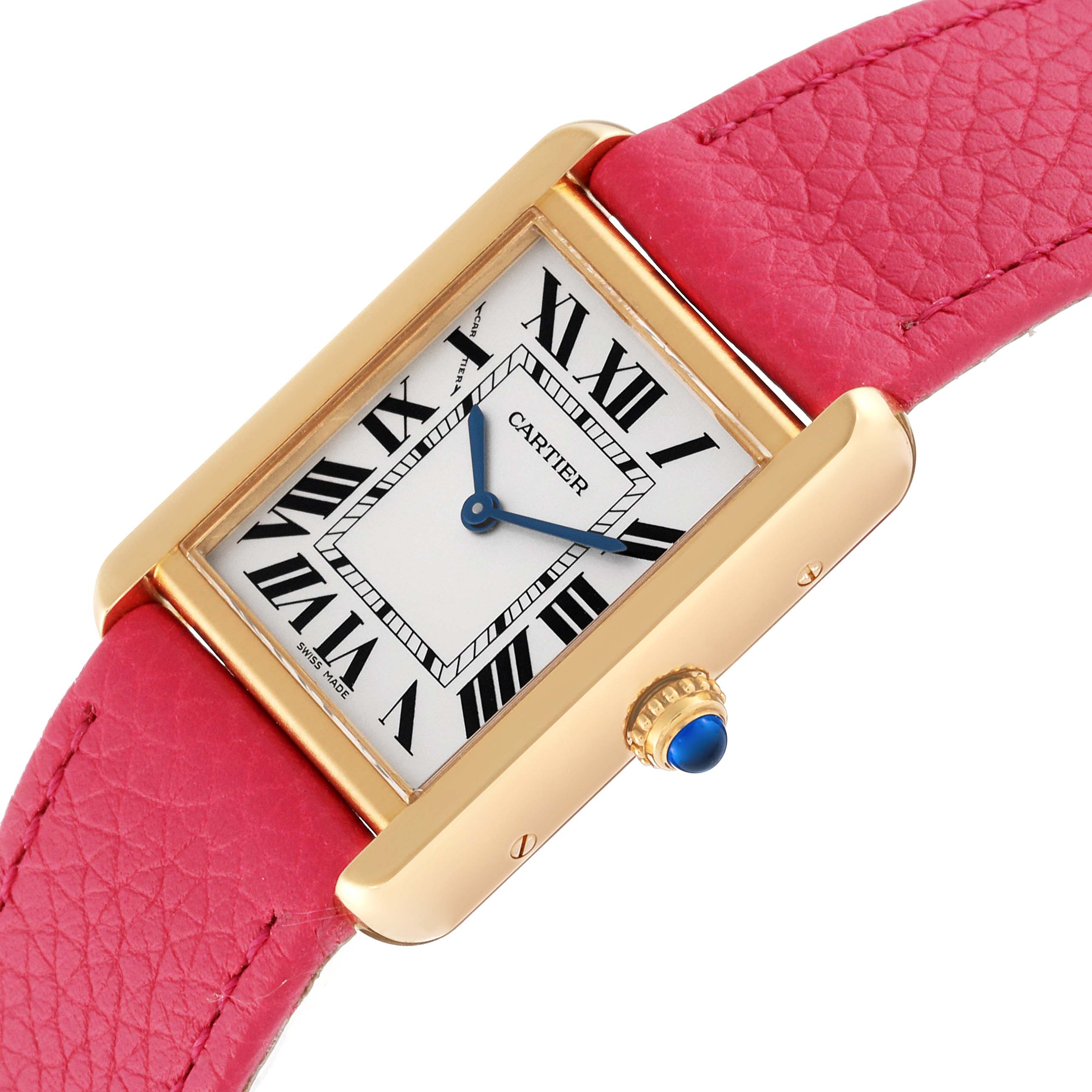The Cartier Tank Solo W5200002 Women
s Steel and Gold (two tone) Silver Dial W5200002 Women
s Steel and Gold (two tone) Silver Dial watch is shown at an angle, highlighting its rectangular face, pink strap, and blue gem-set crown.