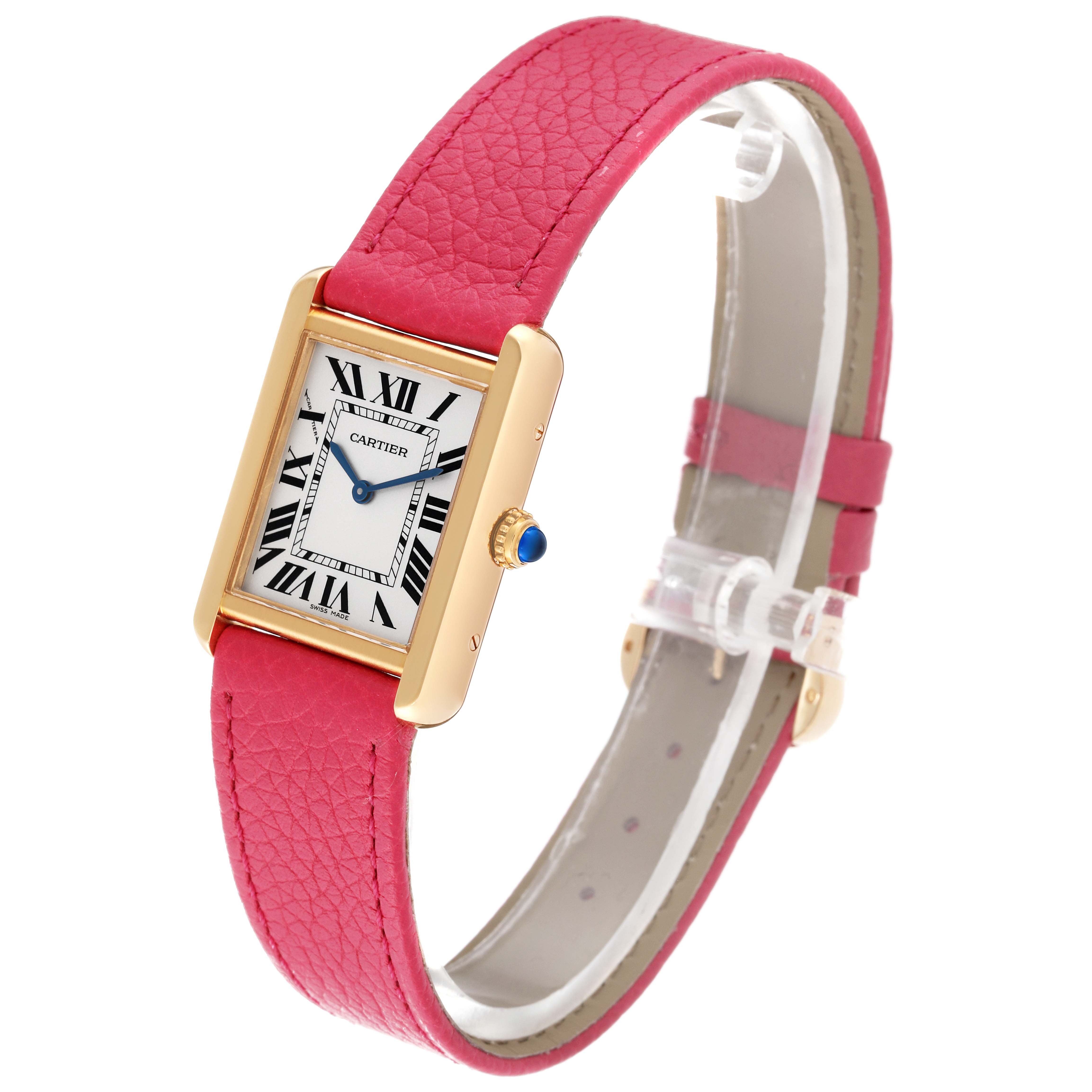 The Cartier Tank Solo W5200002 Women
s Steel and Gold (two tone) Silver Dial W5200002 Women
s Steel and Gold (two tone) Silver Dial watch is shown at an oblique angle, highlighting its pink leather strap and rectangular watch face with Roman numerals.