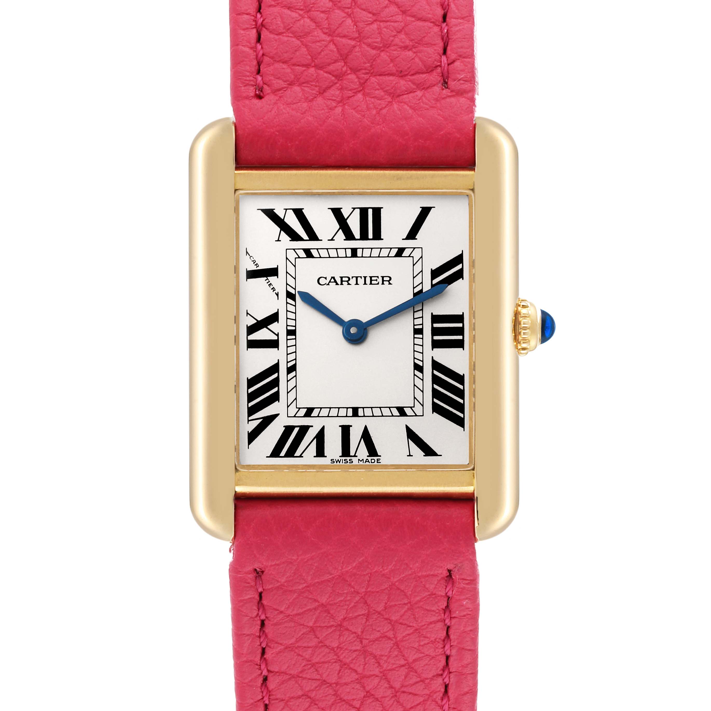 The Cartier Tank Solo W5200002 Women
s Steel and Gold (two tone) Silver Dial W5200002 Women
s Steel and Gold (two tone) Silver Dial watch is shown from the front, displaying its rectangular dial, Roman numerals, and pink leather strap.