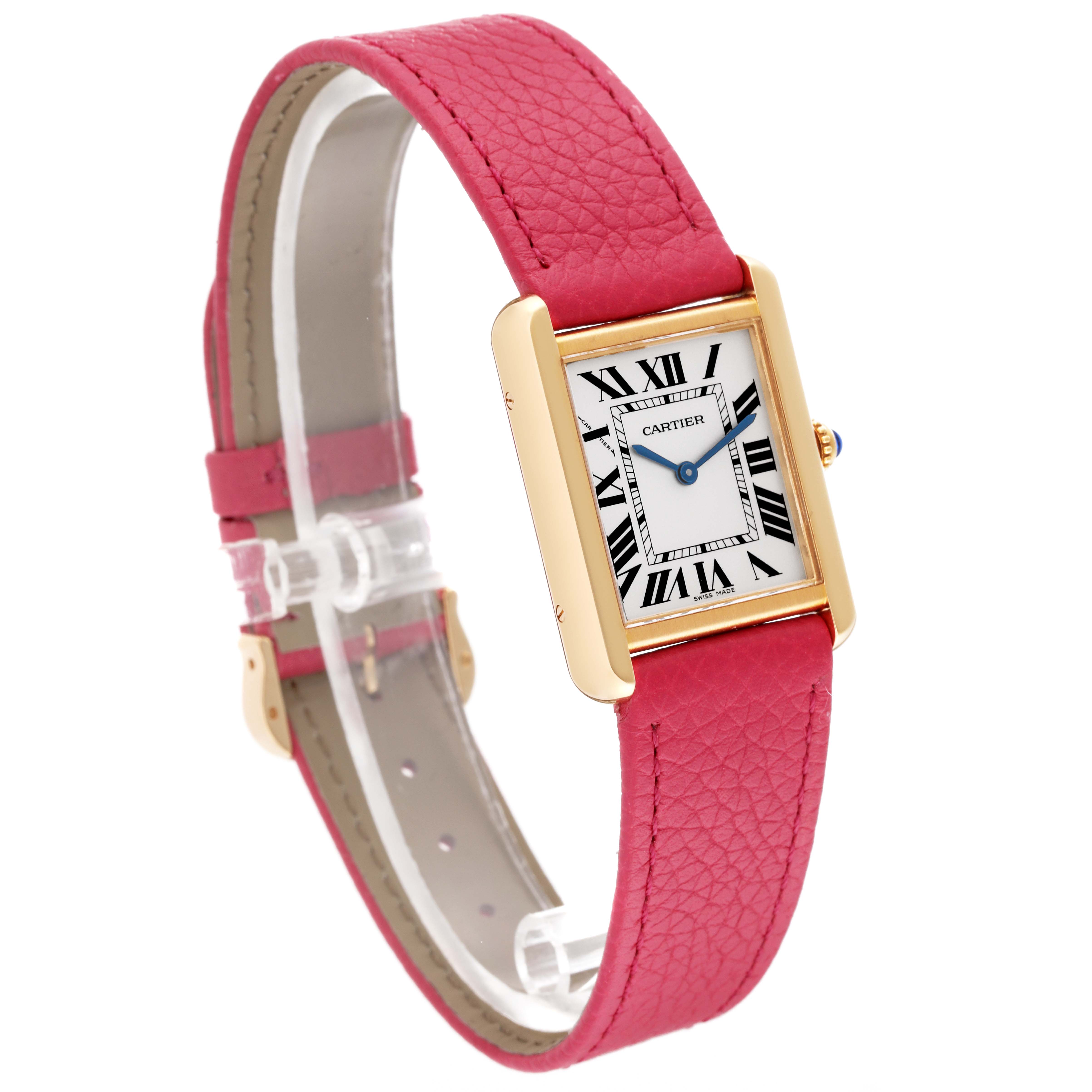 The Cartier Tank Solo W5200002 Women
s Steel and Gold (two tone) Silver Dial W5200002 Women
s Steel and Gold (two tone) Silver Dial watch is shown at a three-quarter angle, featuring a rectangular face, Roman numerals, gold case, and a red leather strap.