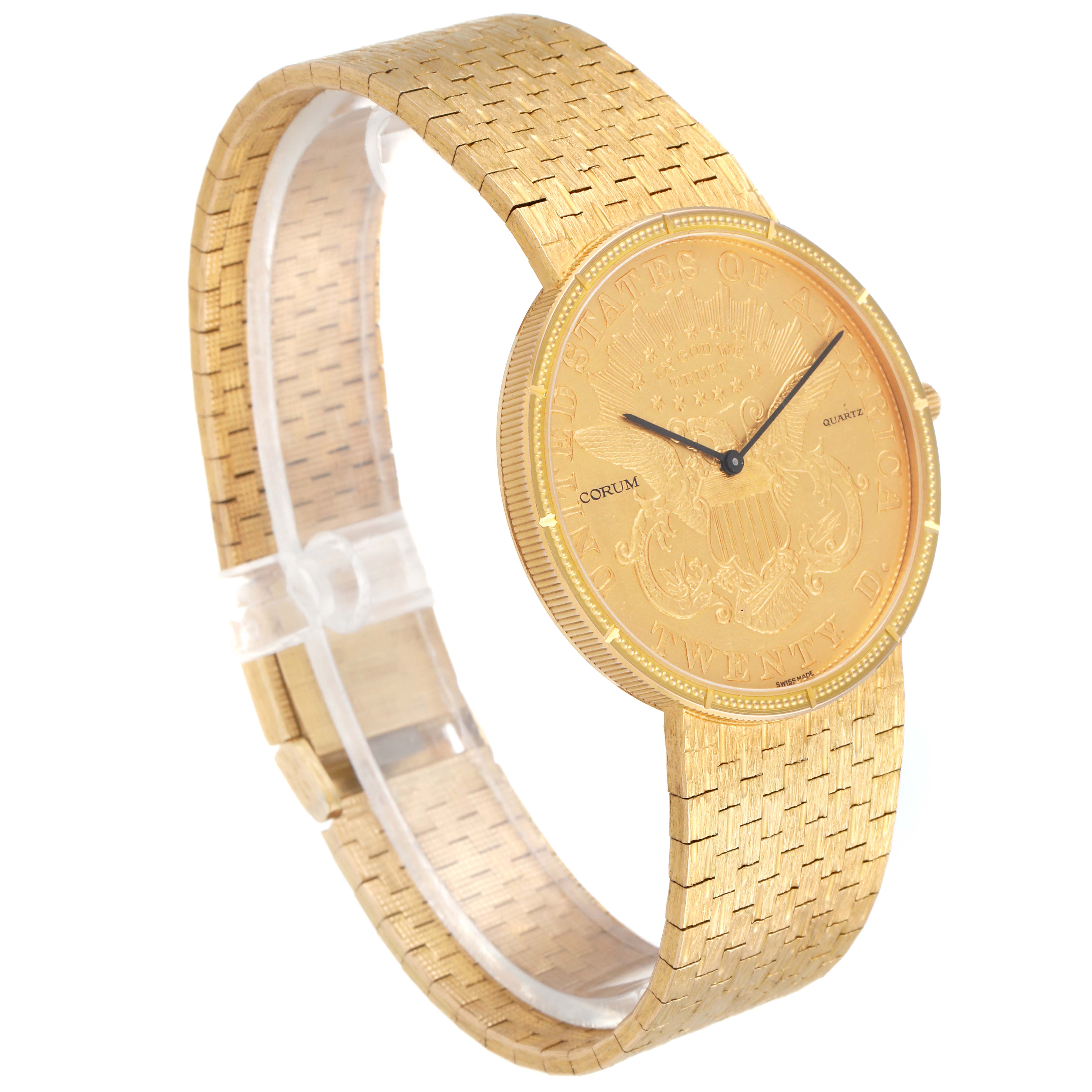 The image shows a Corum Coin Watch 1875  Men's Yellow Gold Black Dial 1875  Men's Yellow Gold Black Dial model at a three-quarter angle highlighting its gold face, band, and intricate details.