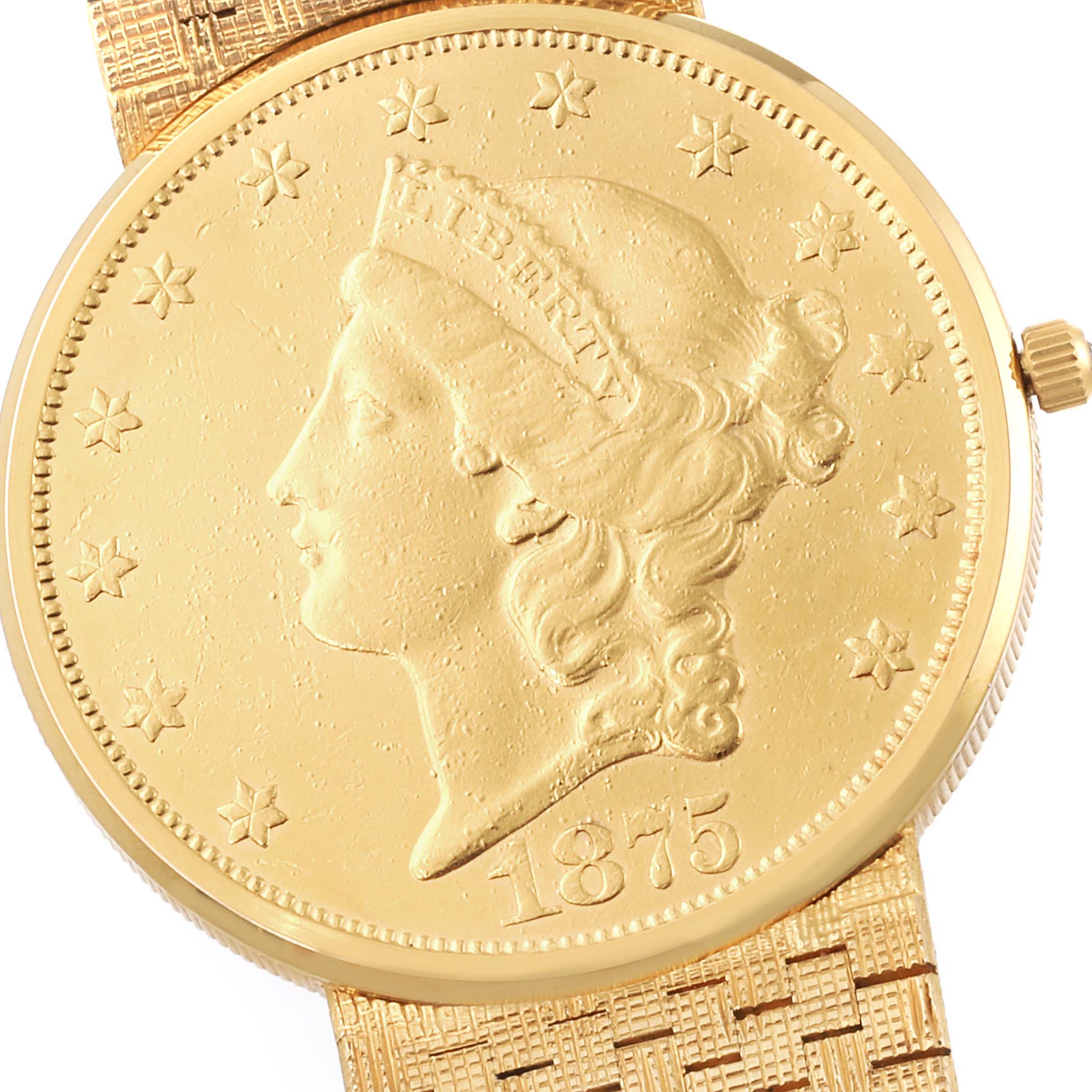 This image shows the face and part of the bracelet of the Corum Coin Watch 1875  Men's Yellow Gold Black Dial 1875  Men's Yellow Gold Black Dial model from a front angle.