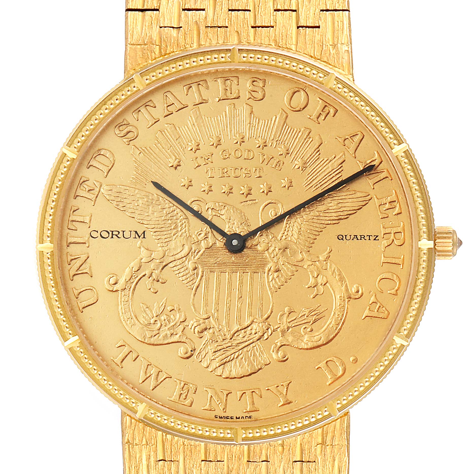 The watch face of the Corum Coin Watch 1875  Men's Yellow Gold Black Dial 1875  Men's Yellow Gold Black Dial model is shown from a frontal angle, featuring a gold motif and the text "United States of America."