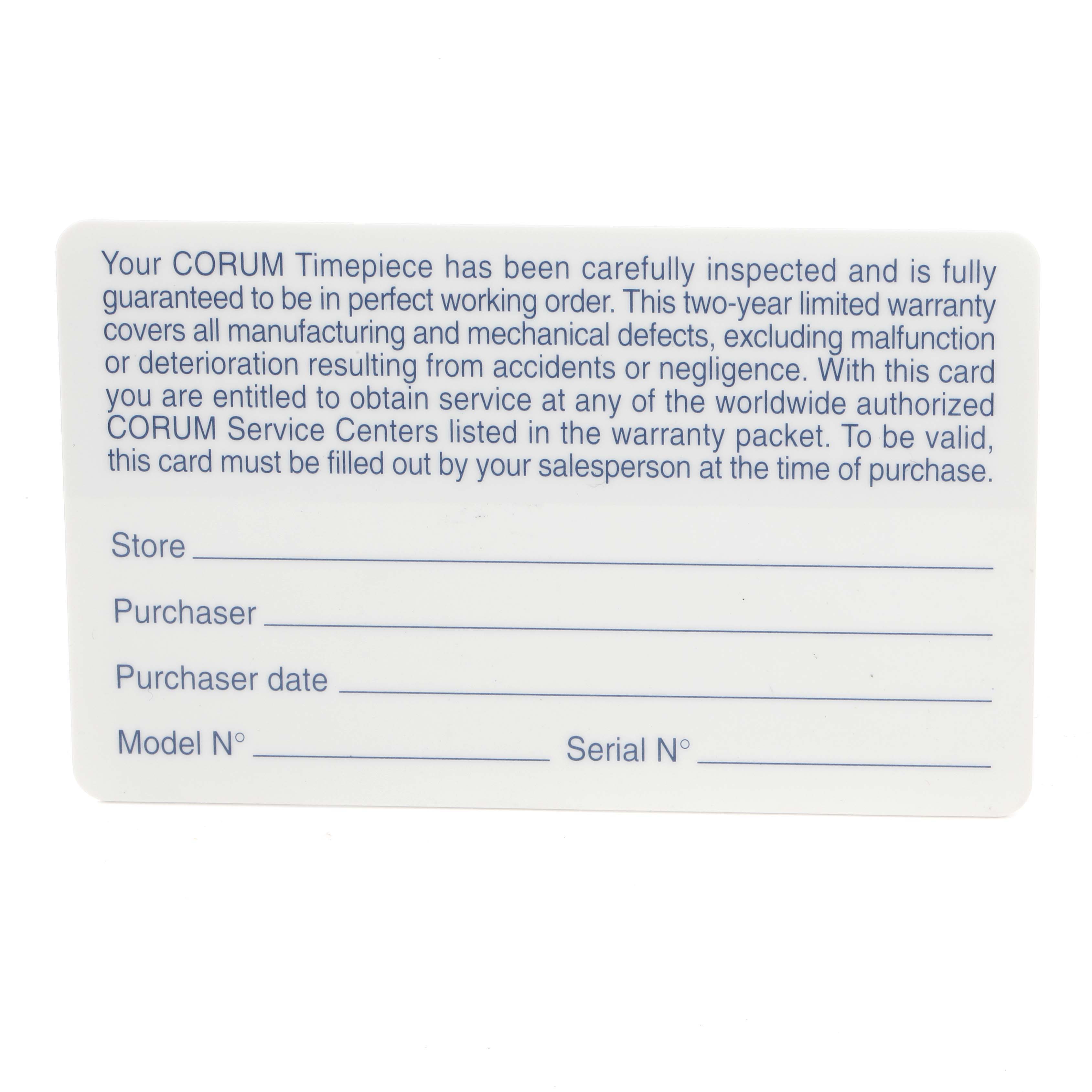 This image shows the warranty card for a Corum Coin Watch 1875  Men's Yellow Gold Black Dial 1875  Men's Yellow Gold Black Dial, detailing the warranty terms and spaces for store, purchaser, and model information.