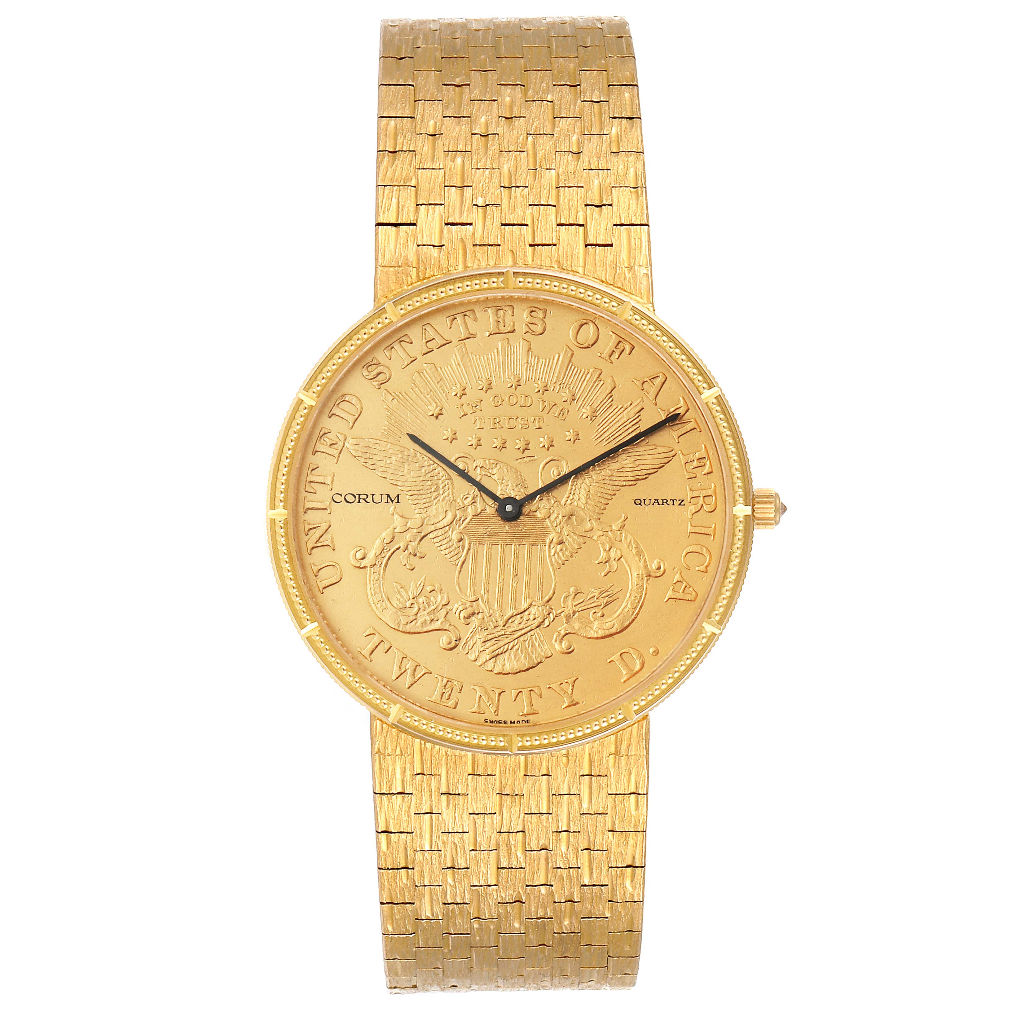 The Corum Coin Watch 1875  Men's Yellow Gold Black Dial 1875  Men's Yellow Gold Black Dial model is shown from the front, displaying its golden dial and intricate bracelet.