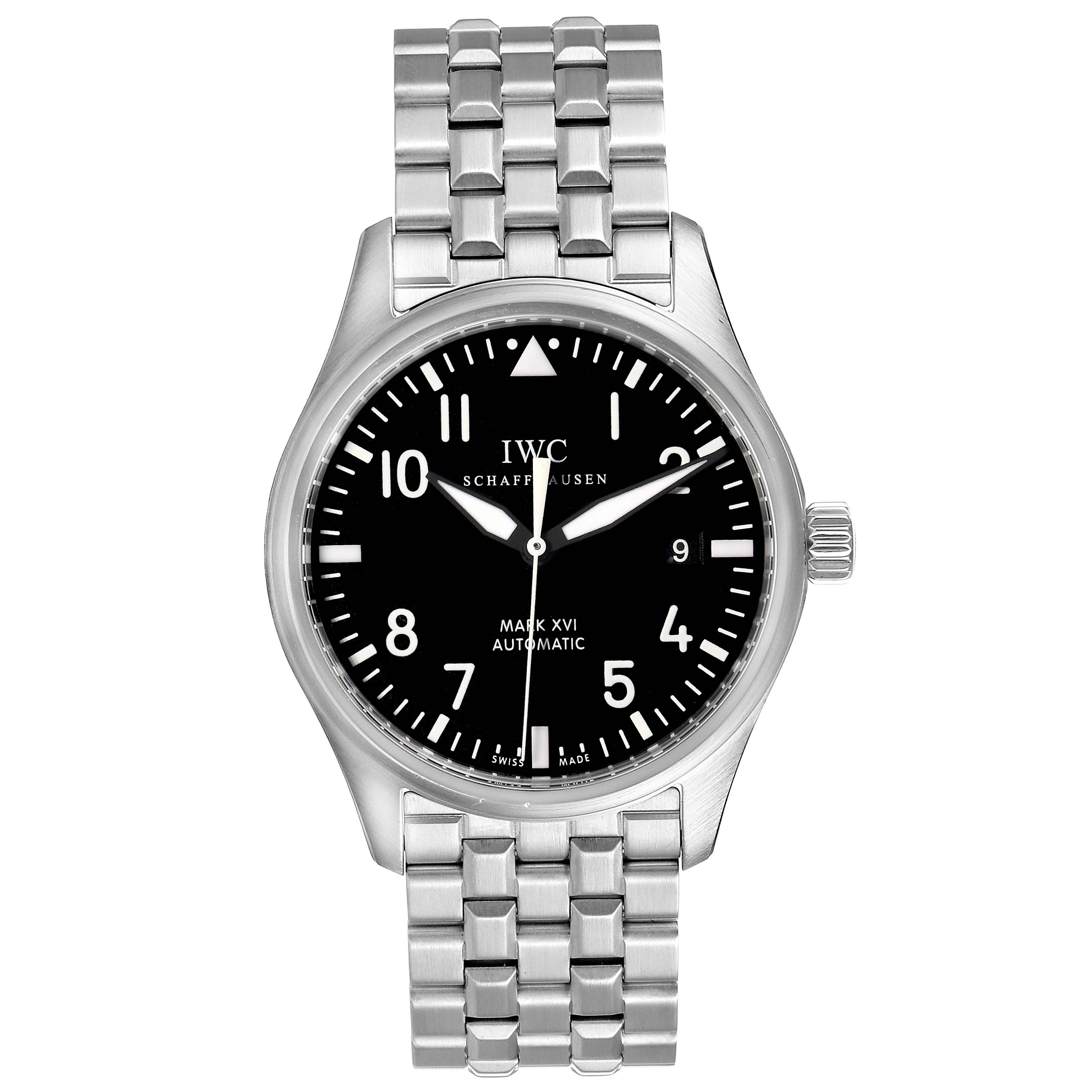 The IWC Pilot IW325504 Men's Stainless Steel Black Dial IW325504 Men's Stainless Steel Black Dial model watch is shown from a front angle, displaying its face, dial, and metal bracelet.