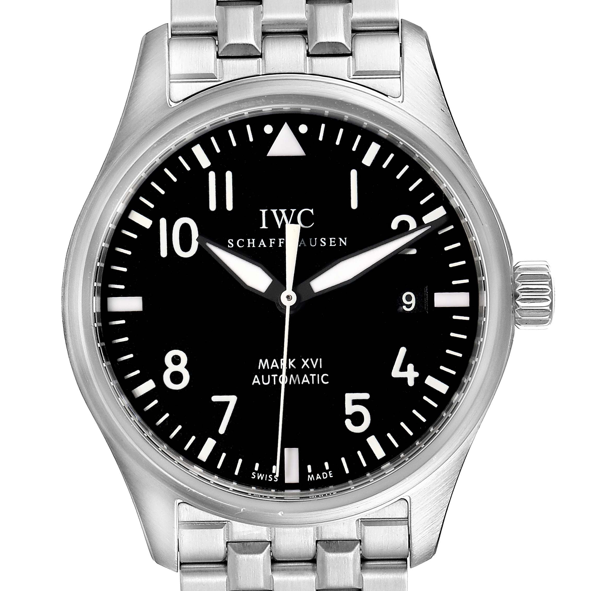 This image shows a front view of an IWC Pilot IW325504 Men's Stainless Steel Black Dial IW325504 Men's Stainless Steel Black Dial Mark XVI Automatic watch, highlighting the dial, hands, and part of the stainless steel bracelet.