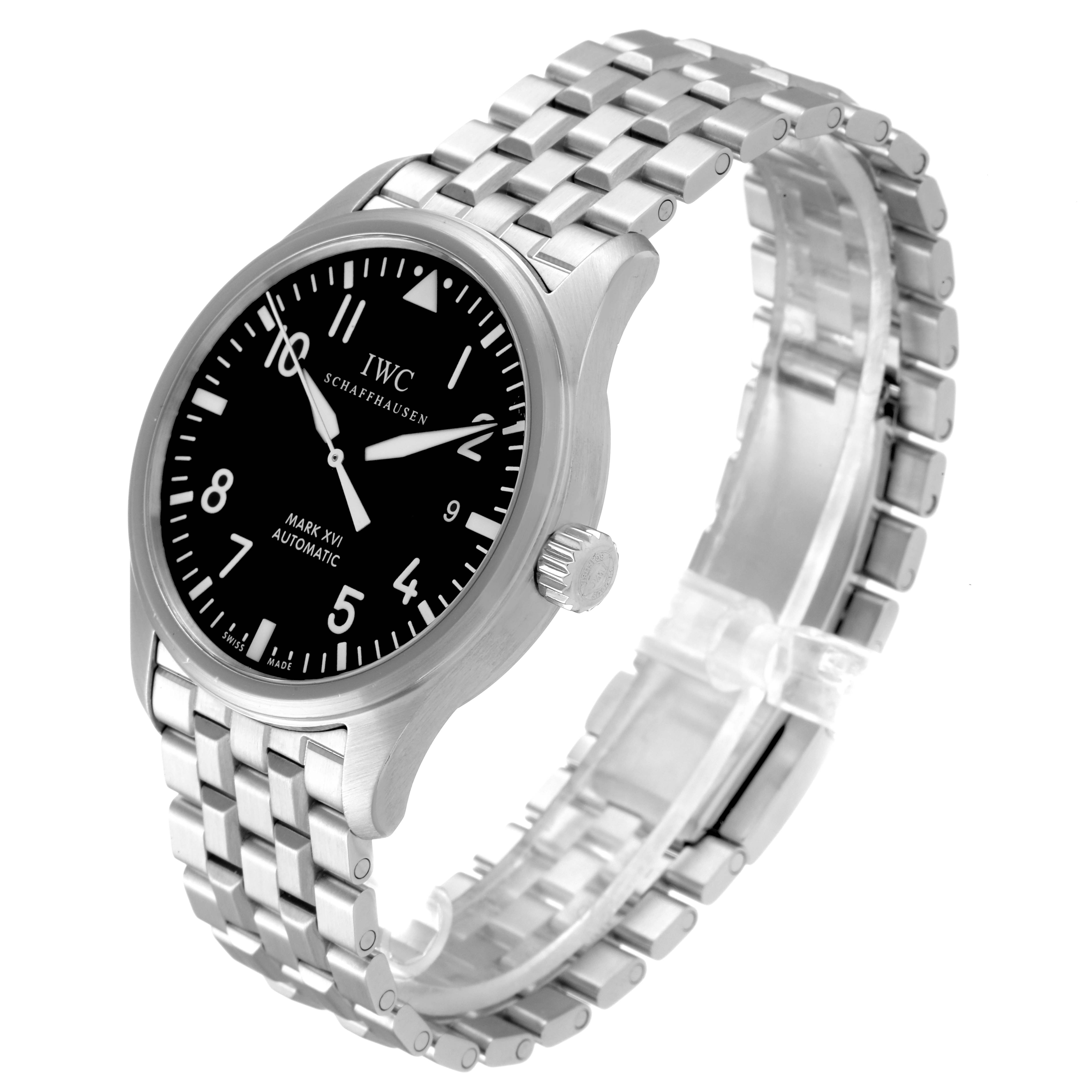 The image shows an IWC Pilot IW325504 Men's Stainless Steel Black Dial IW325504 Men's Stainless Steel Black Dial Mark XV Automatic watch at an angled side view, displaying the face, bezel, crown, and bracelet.
