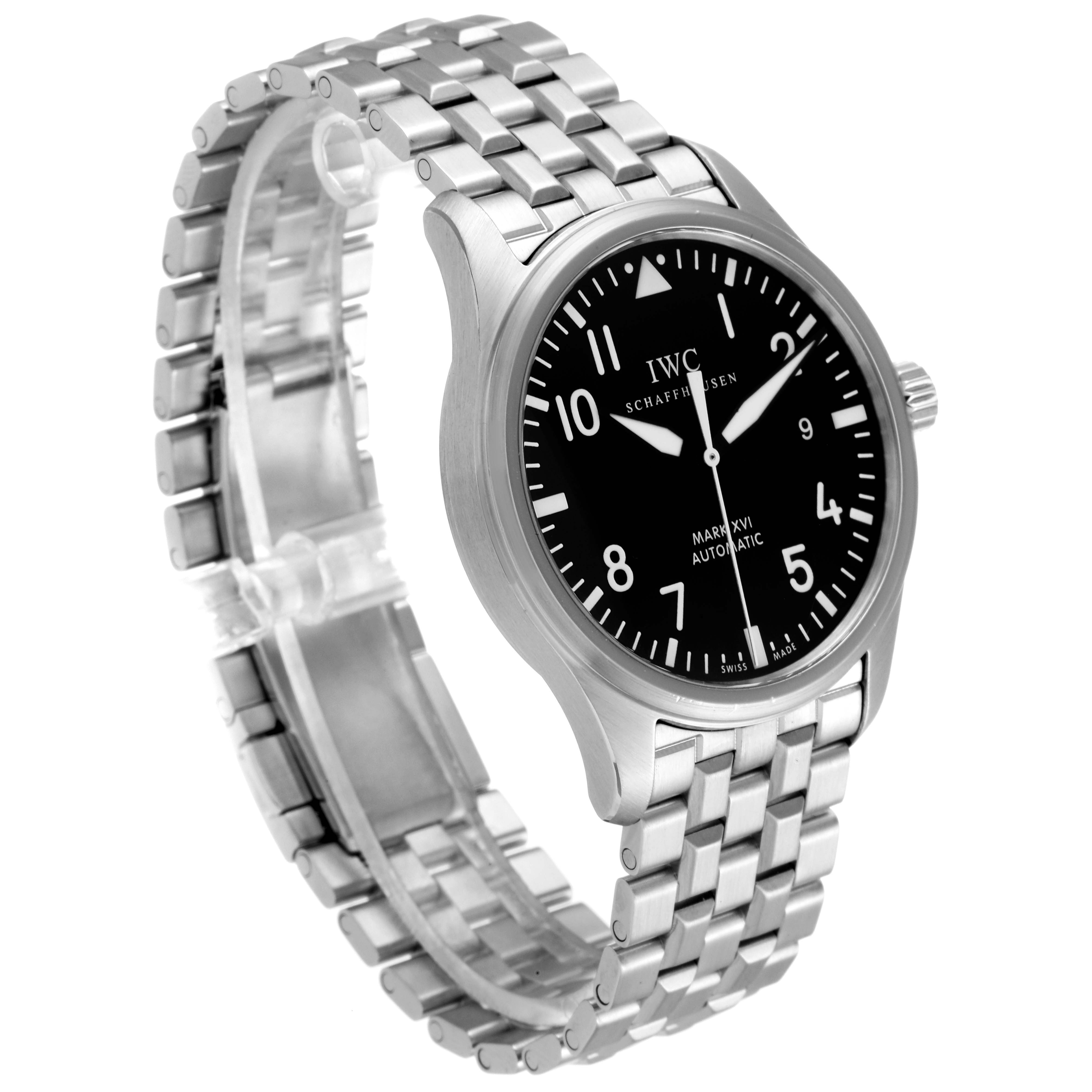 The IWC Pilot IW325504 Men's Stainless Steel Black Dial IW325504 Men's Stainless Steel Black Dial watch model is shown at an oblique angle, displaying its black dial, bezel, bracelet, and crown.