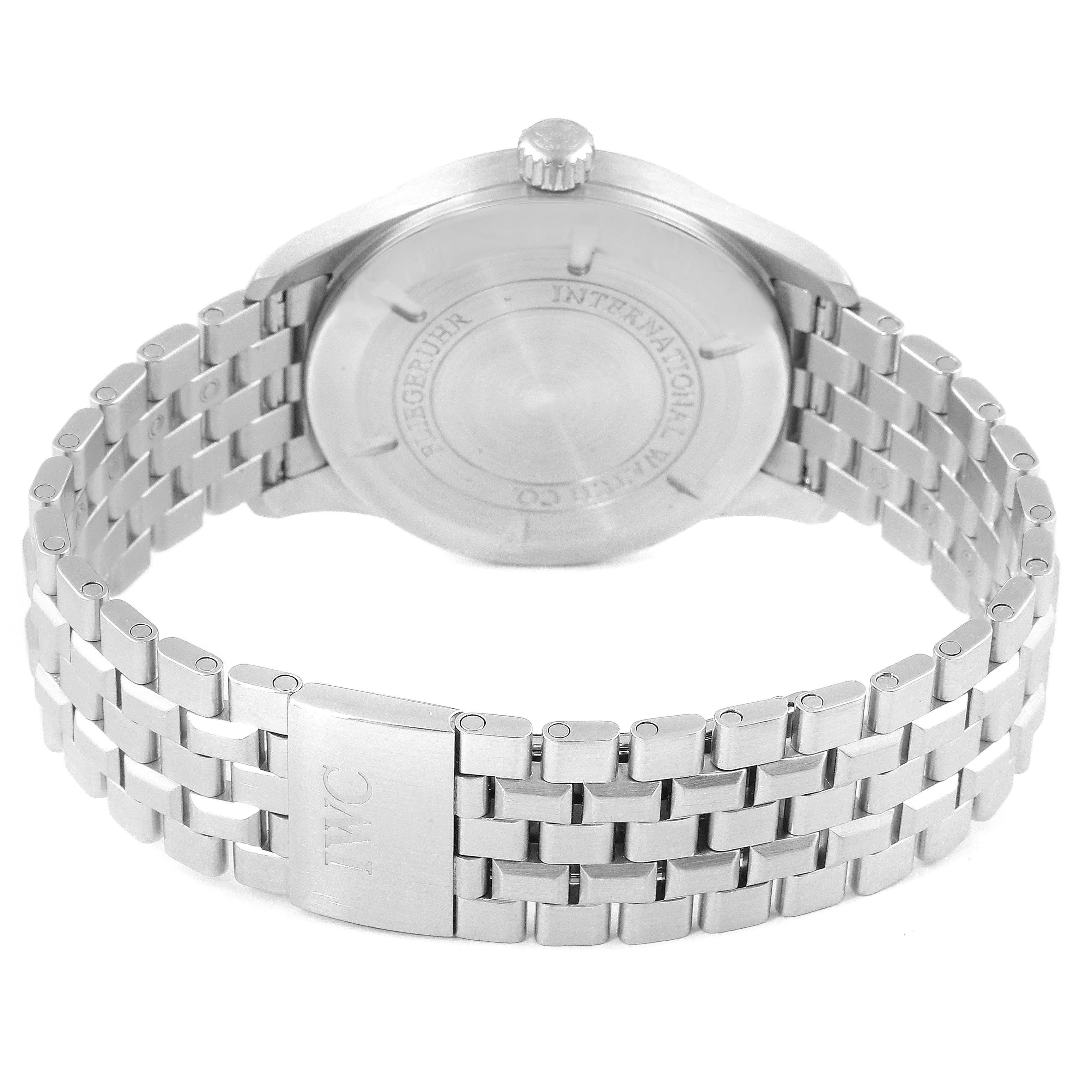 The image shows the back and bracelet of an IWC Pilot IW325504 Men's Stainless Steel Black Dial IW325504 Men's Stainless Steel Black Dial model watch from a rear angle.