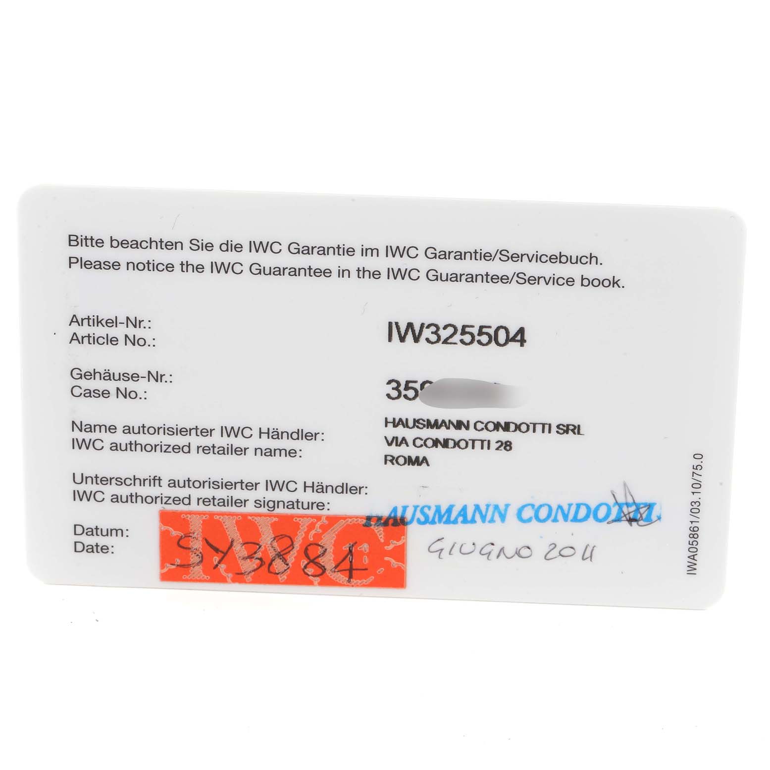 The image shows an IWC warranty card for the Pilot model with the article number IW325504.