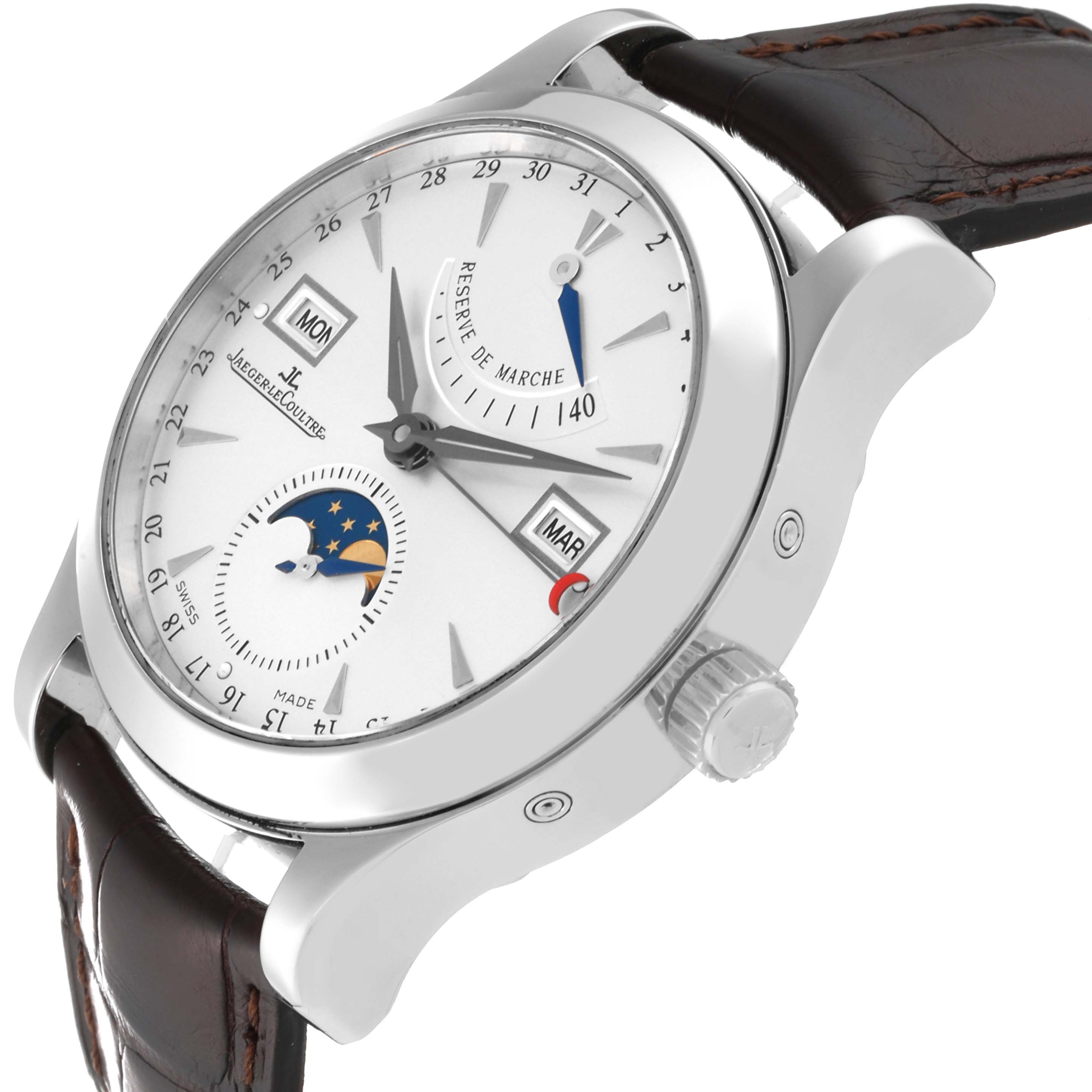 The Jaeger LeCoultre Master Q151842F Men
s Stainless Steel Silver Dial Q151842F Men
s Stainless Steel Silver Dial watch is shown at a side angle, displaying its face, crown, and part of the strap.