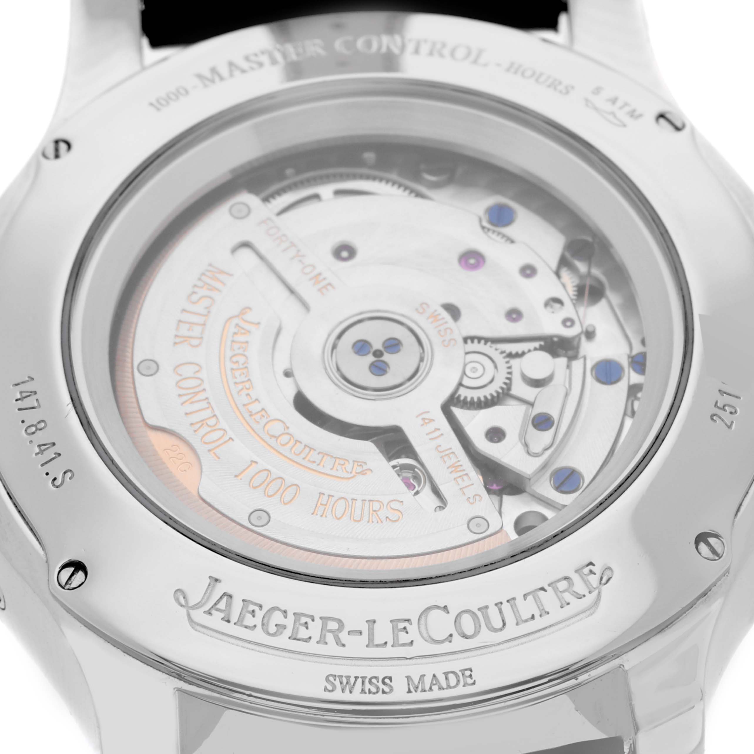 The image shows the back of a Jaeger-LeCoultre Master model watch, highlighting its internal mechanism.