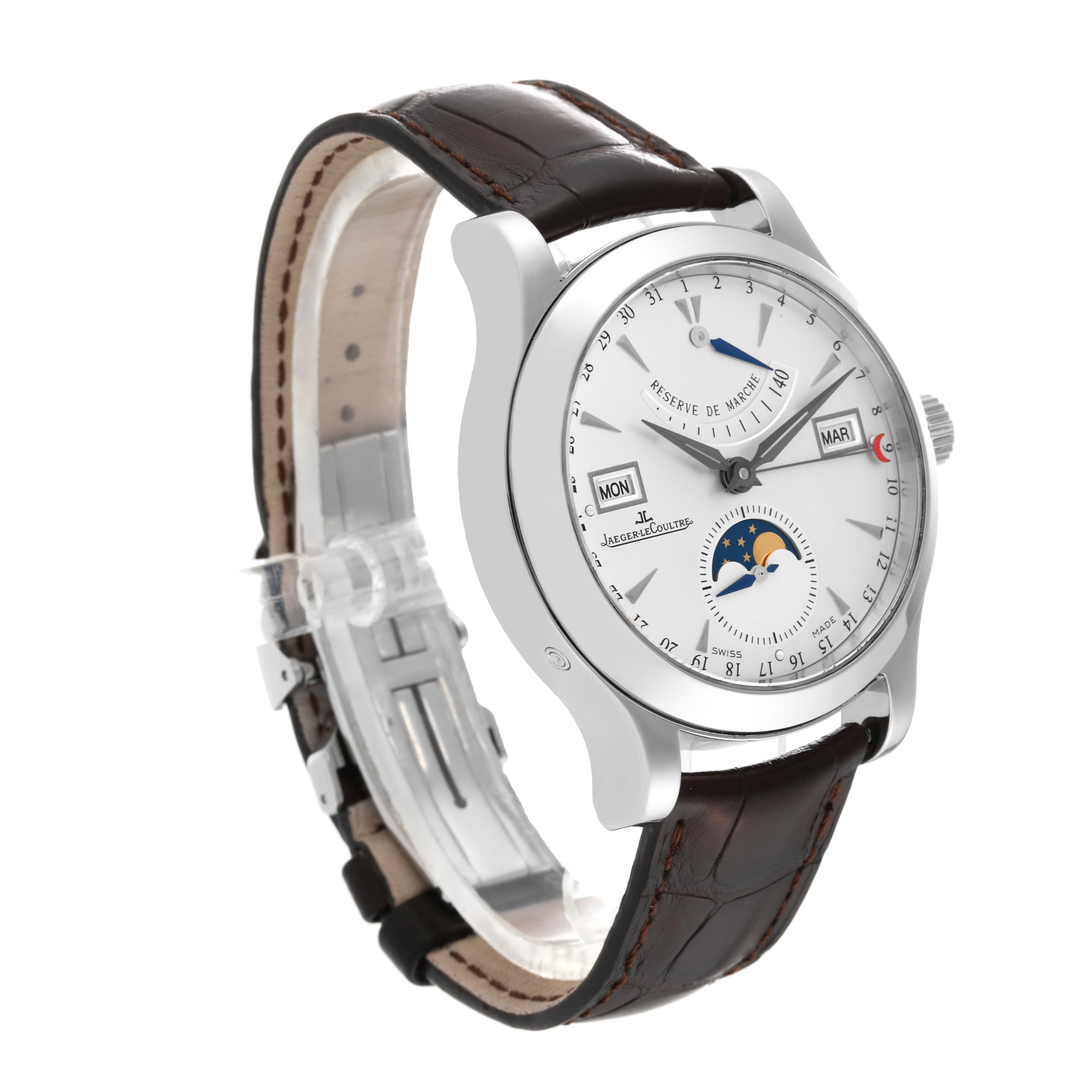 The image shows a Jaeger LeCoultre Master Q151842F Men
s Stainless Steel Silver Dial Q151842F Men
s Stainless Steel Silver Dial model watch at a three-quarter angle, highlighting the dial, bezel, and leather strap.