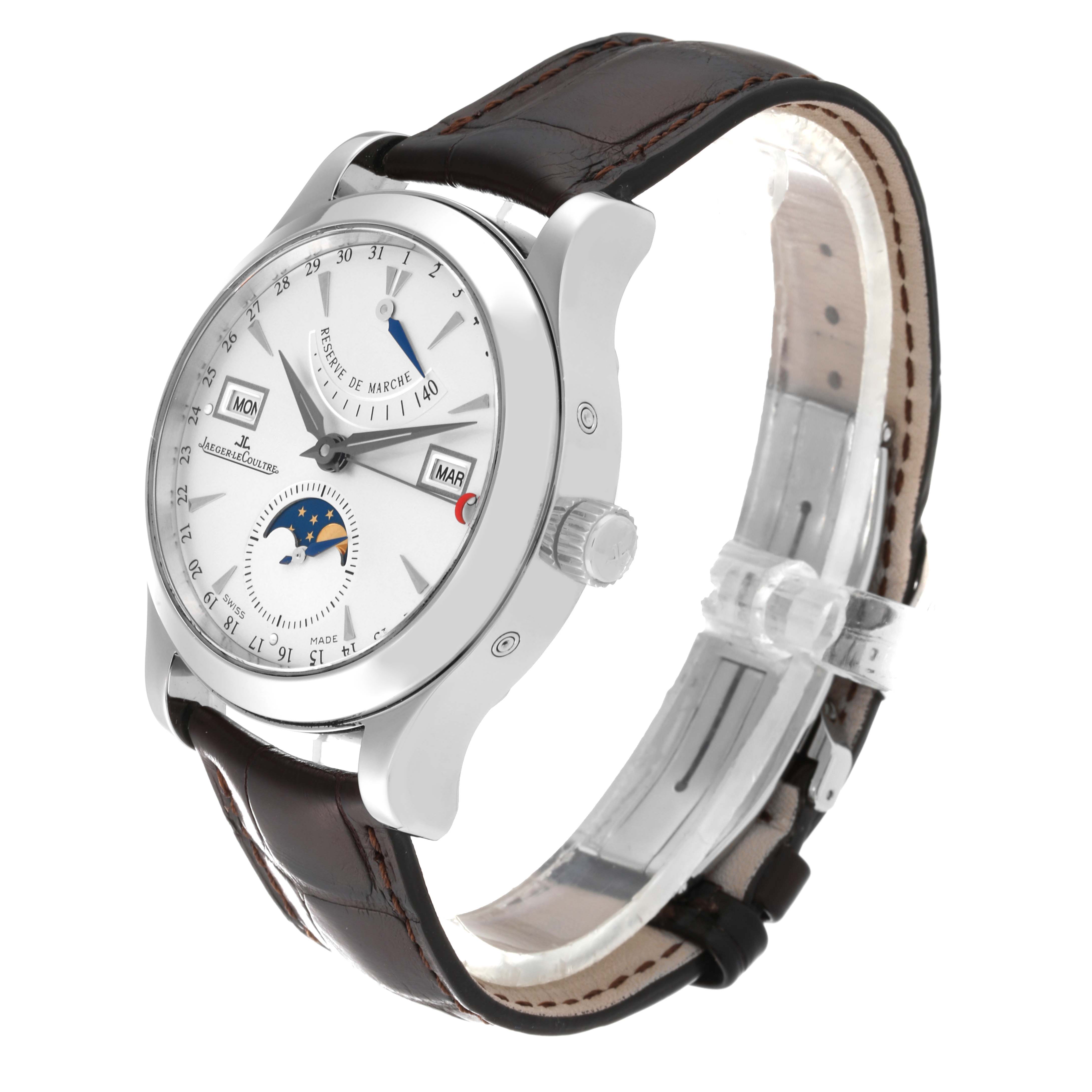 The Jaeger-LeCoultre Master model watch is shown from an angled side view, displaying its face, case, crown, and leather strap.