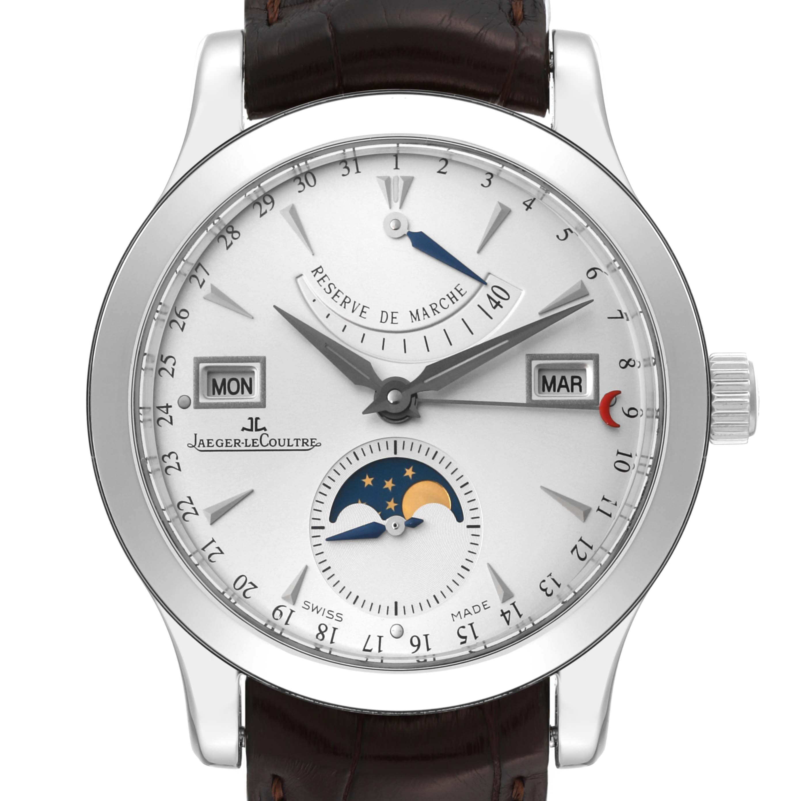 The image shows a front view of the Jaeger-LeCoultre Master model watch, displaying the dial, hands, and complications.