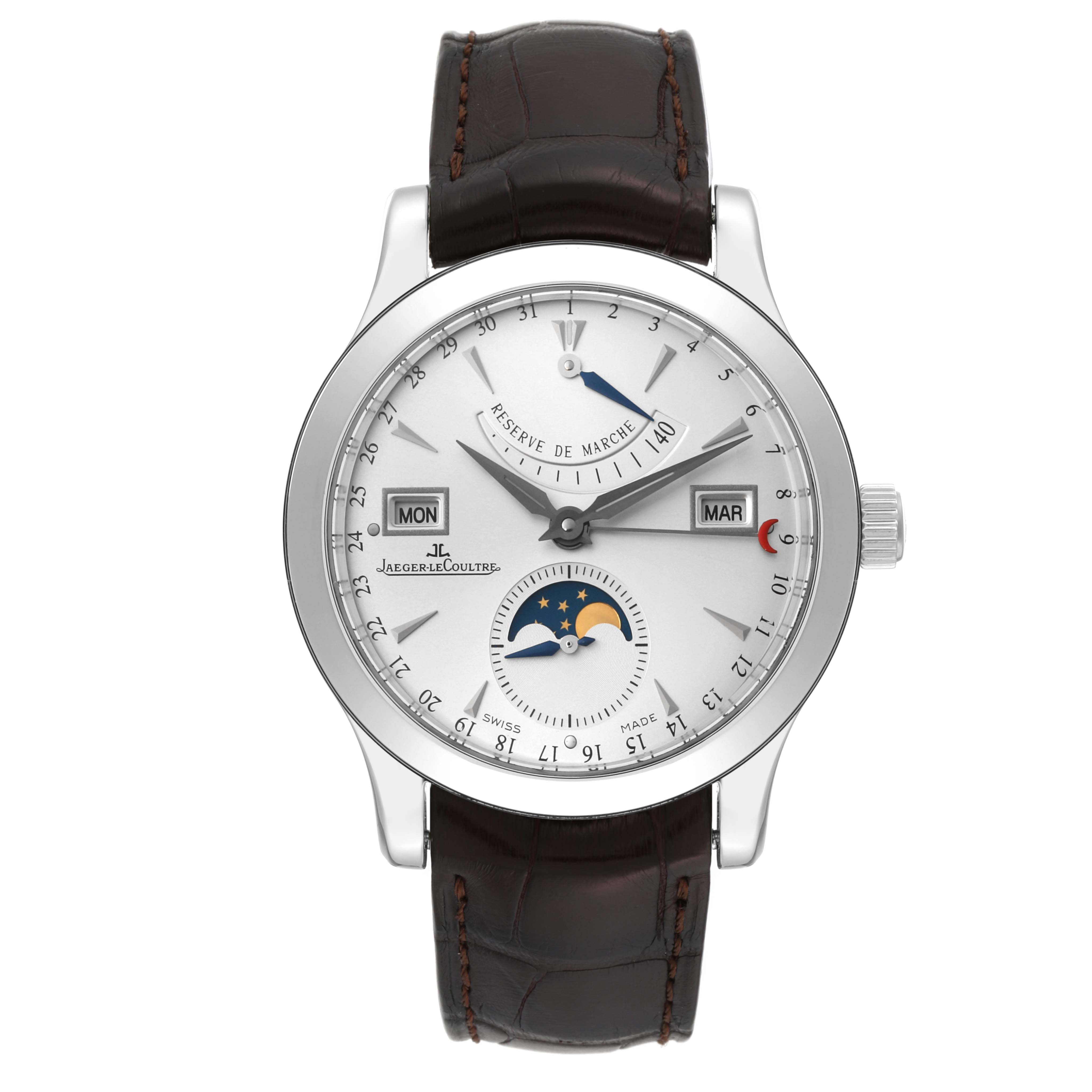 This is a front view of the Jaeger LeCoultre Master Q151842F Men
s Stainless Steel Silver Dial Q151842F Men
s Stainless Steel Silver Dial model watch, showing its dial, subdials, and leather strap.