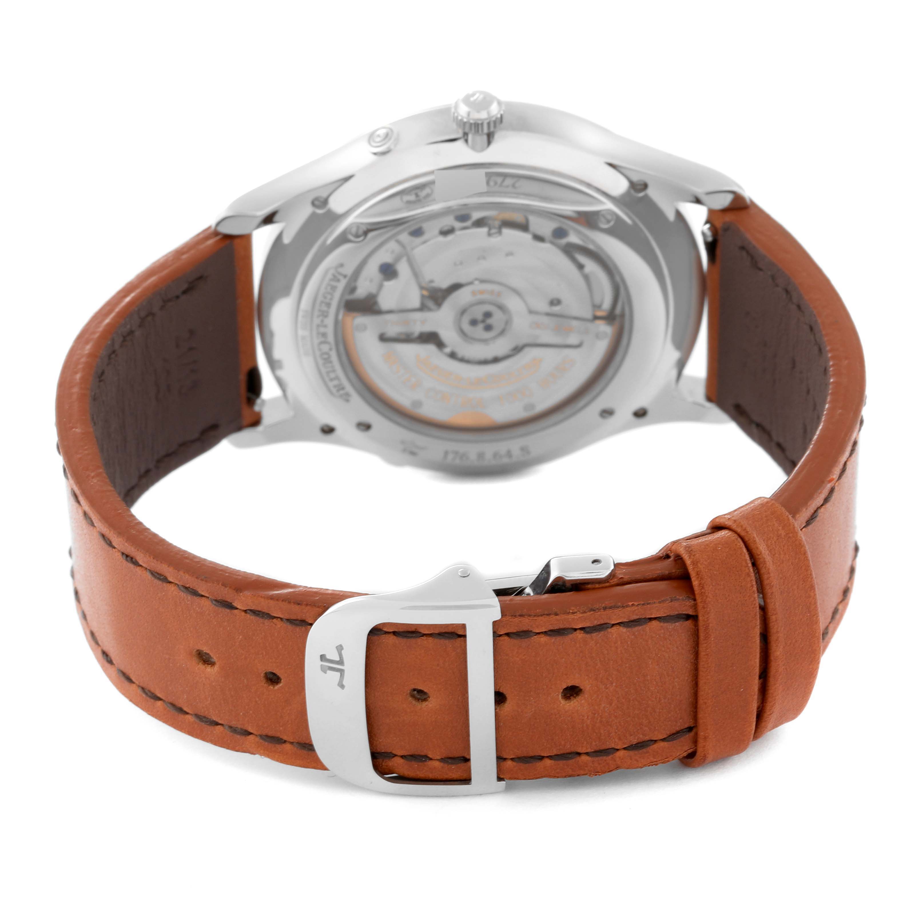 The image shows the back view of a Jaeger LeCoultre Master Q1368420 Men's Stainless Steel Silver Dial Q1368420 Men's Stainless Steel Silver Dial model watch, highlighting the leather strap and see-through case back.